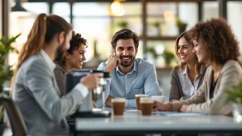 Two colleagues smiling and talking while making coffee at an office coffee machine.