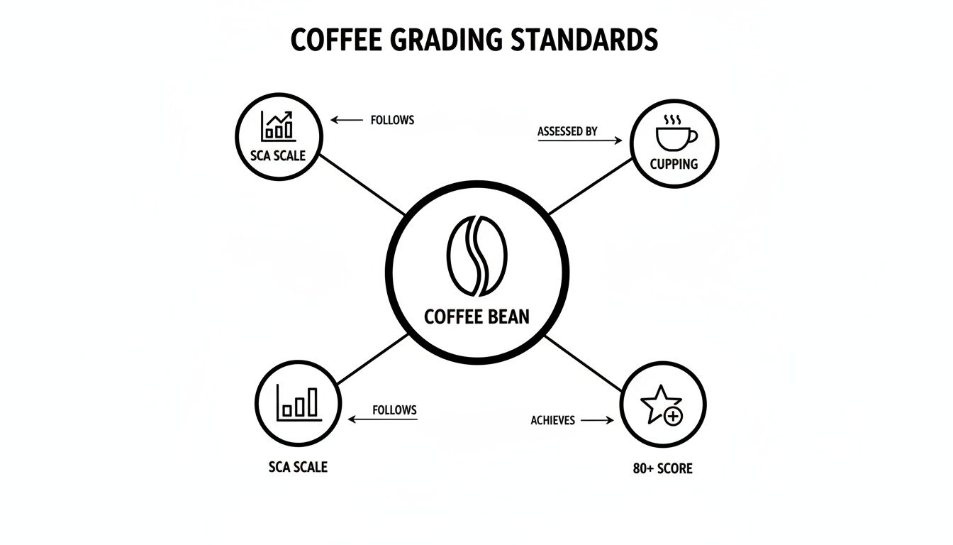 Diagram illustrating coffee grading standards, including the SCA scale, cupping, and achieving an 80+ score.