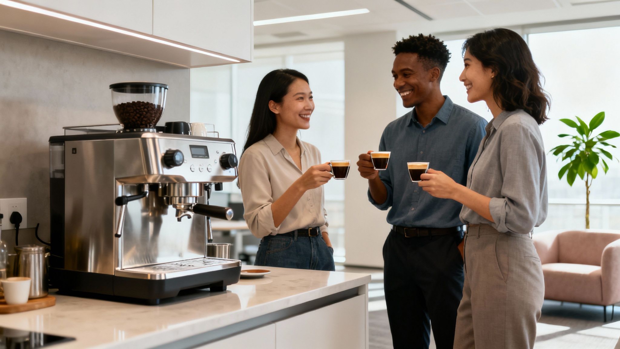 A modern bean-to-cup coffee machine in a stylish office kitchen, with two people smiling and talking while holding coffee cups.