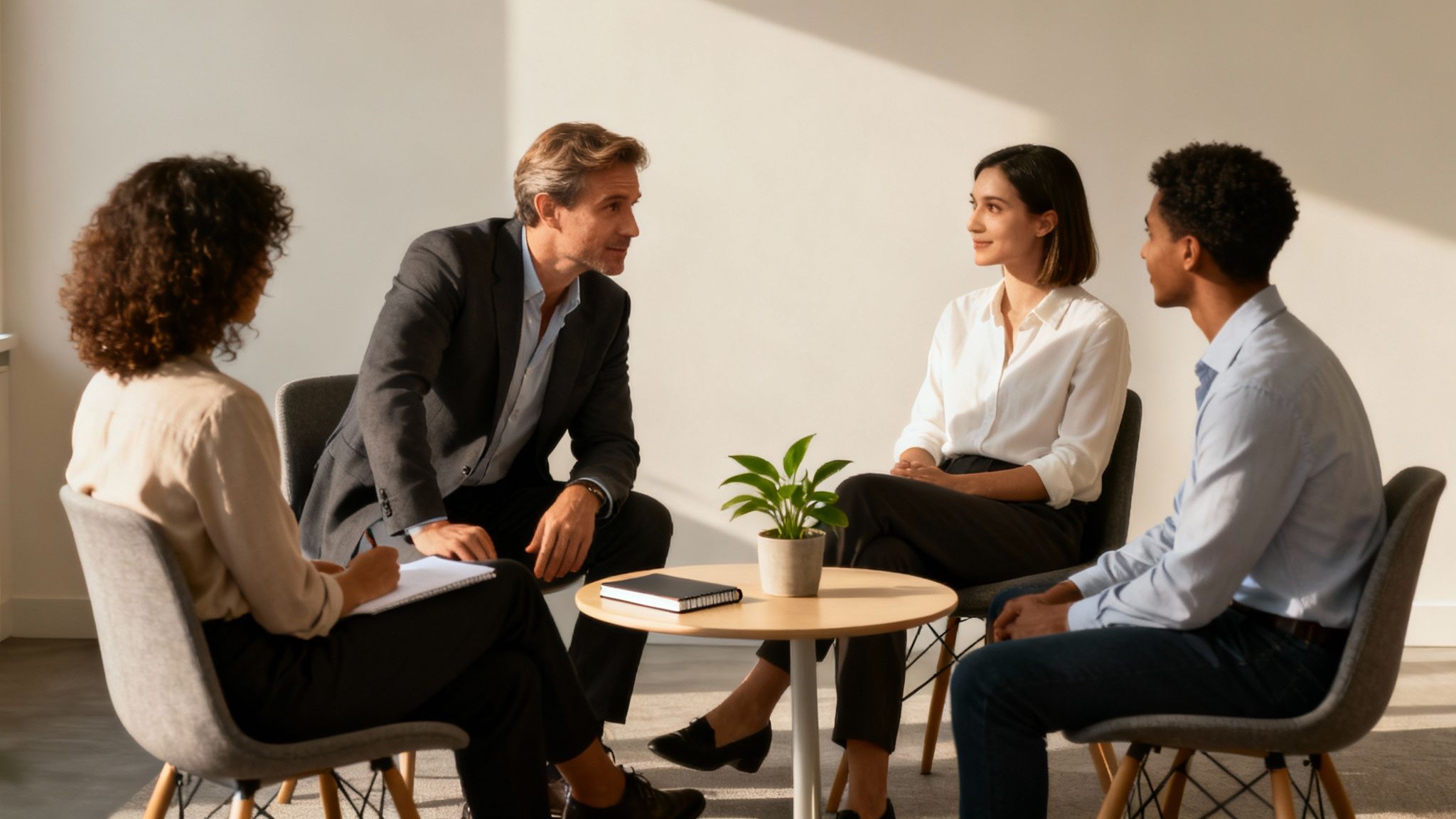 Four diverse professionals in a bright modern office discussing ideas during a team meeting.