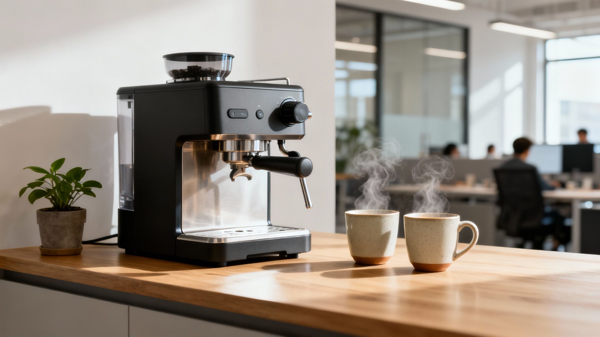 Modern espresso machine with built-in grinder and two steaming coffee cups on office counter