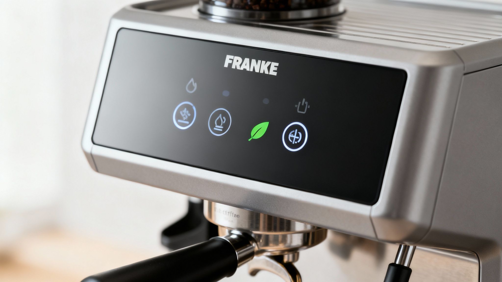 A close-up shot of a hand placing a reusable cup under a Franke coffee machine, with a green plant in the background, symbolising sustainability.