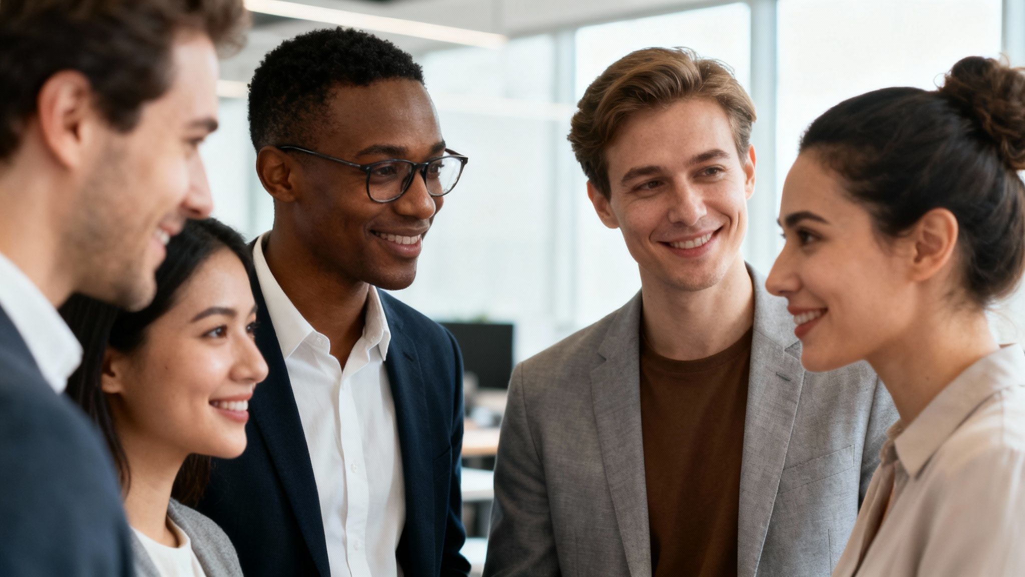 Diverse group of five smiling business professionals engaging in a positive conversation in a modern office.