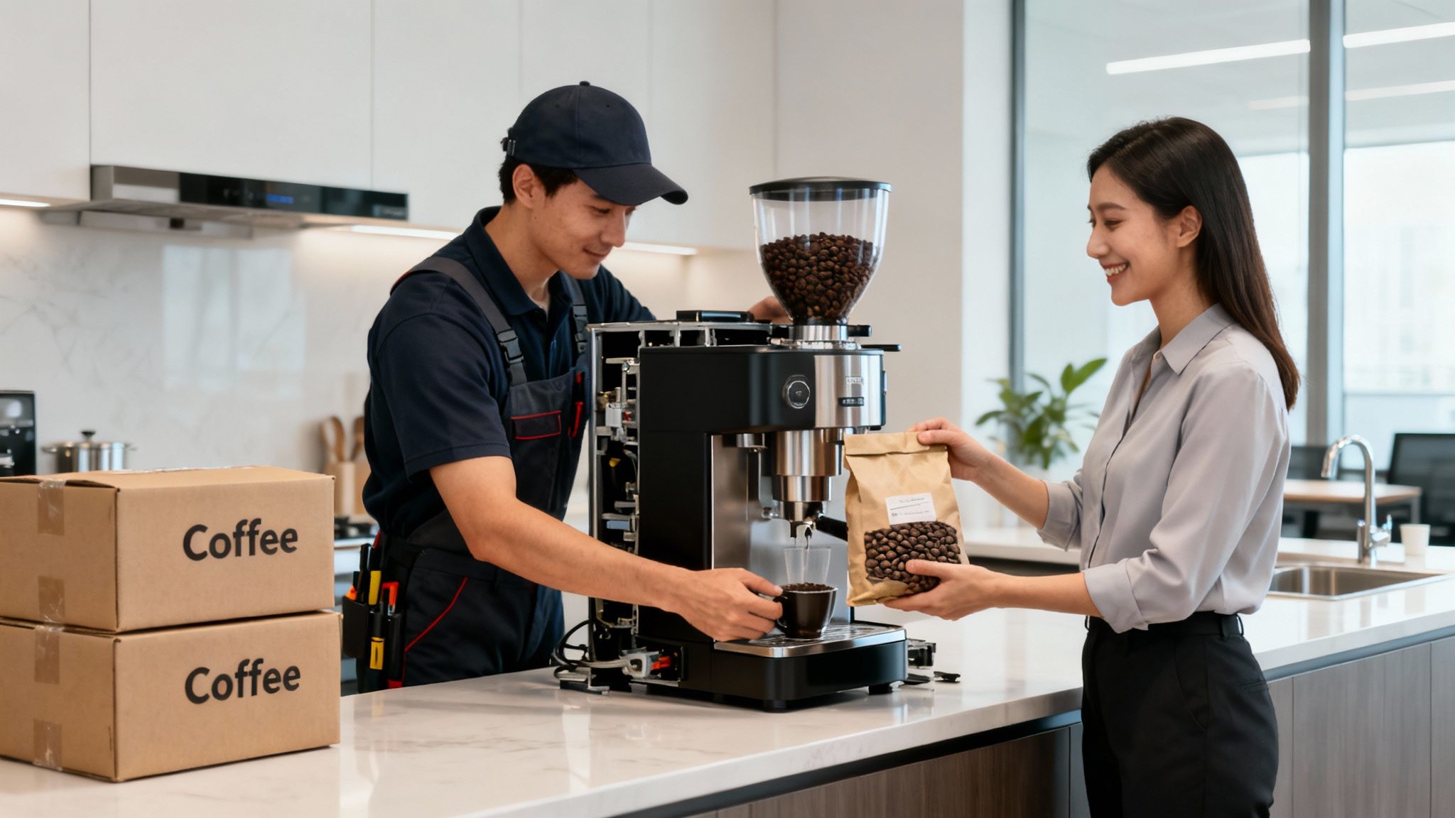 A man installs a bean-to-cup coffee machine in an office kitchen while a woman holds coffee beans.