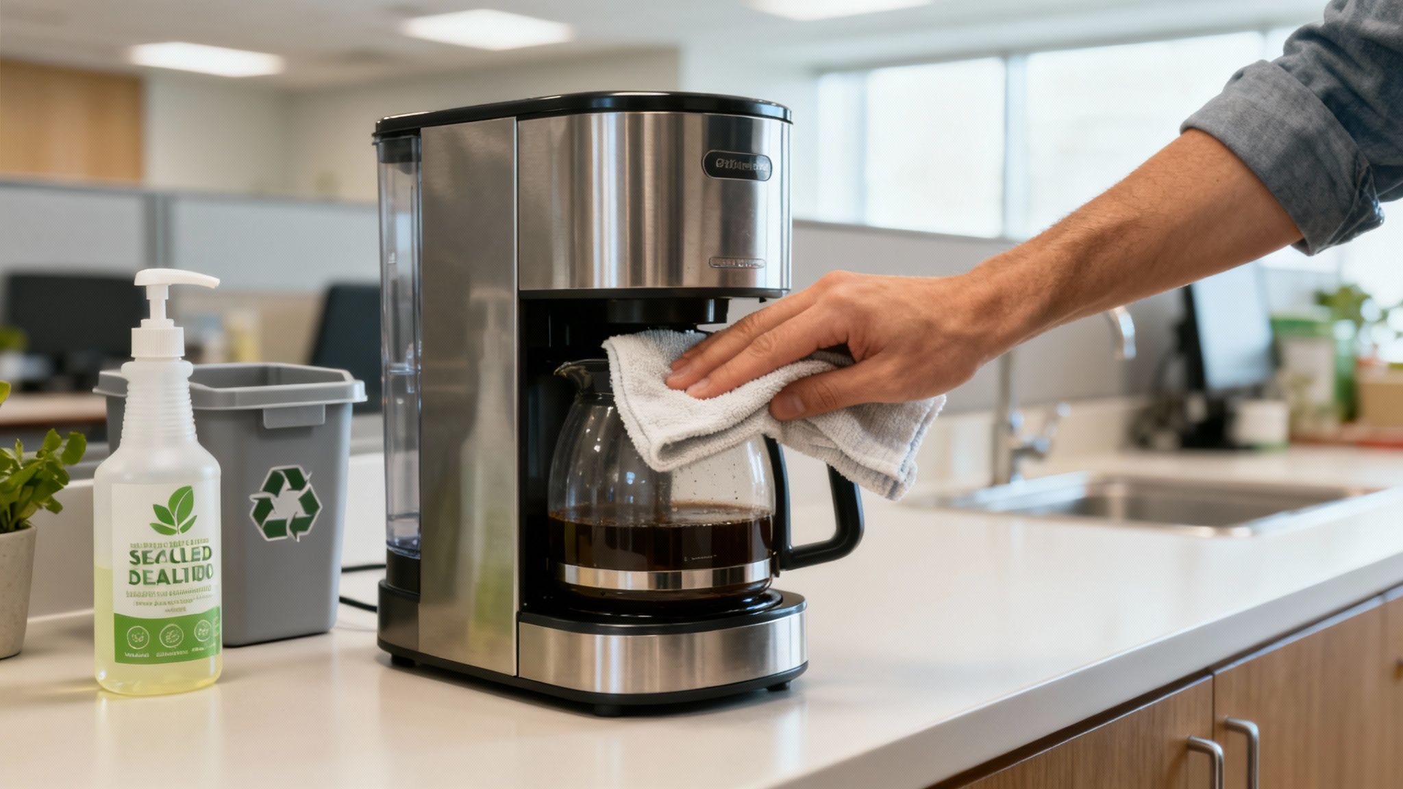 A person carefully cleaning a modern office coffee brewer with a cloth.