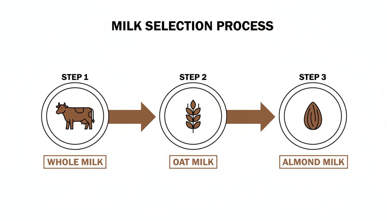 Infographic showing a milk selection process with whole milk, oat milk, and almond milk options.