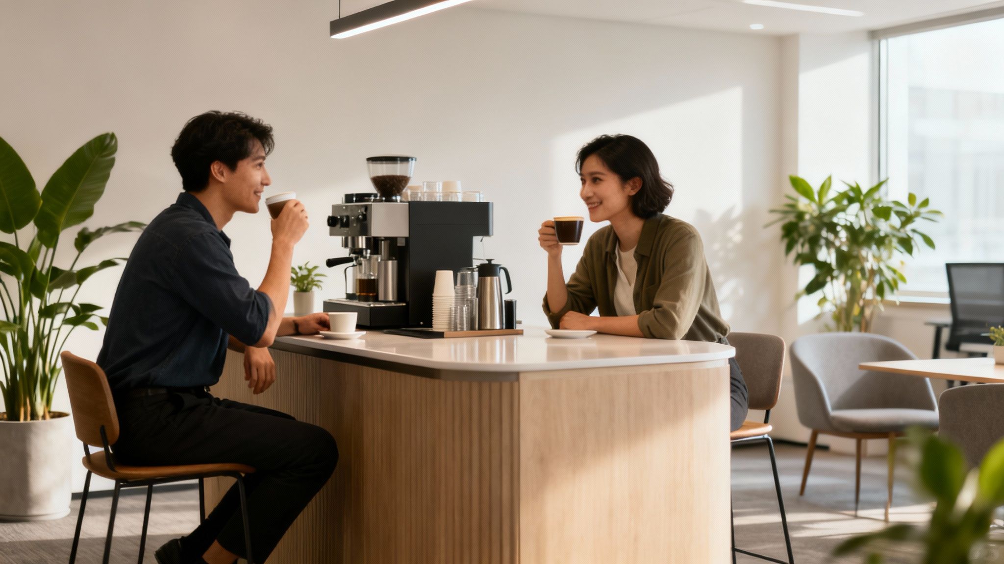 Two smiling colleagues enjoy a friendly coffee break at a modern office counter.
