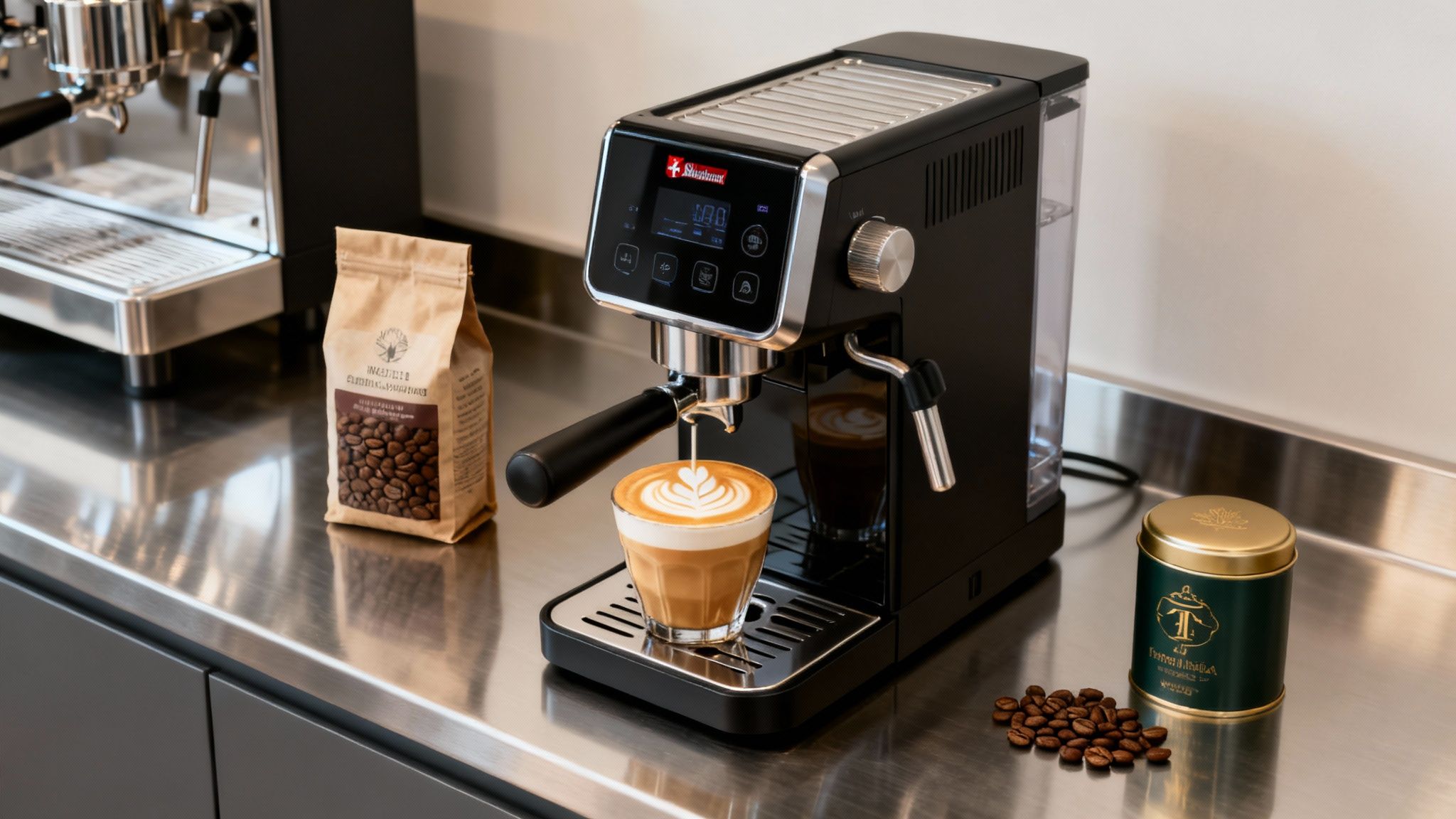 A black espresso machine dispenses a latte with art into a glass, alongside coffee beans and a bag.