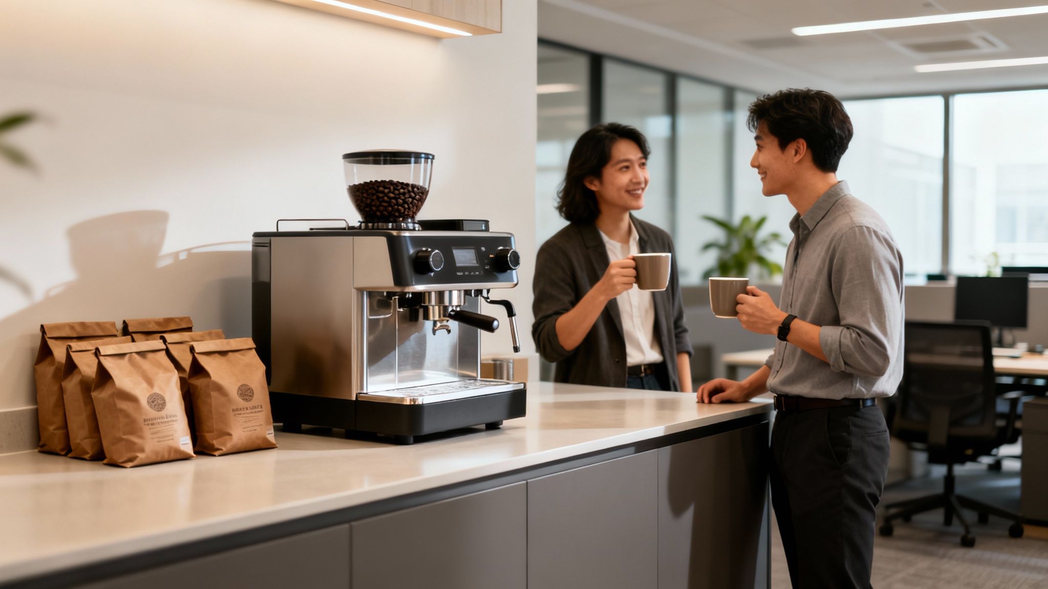 Two people smiling and holding coffee mugs at a modern coffee station in an office.