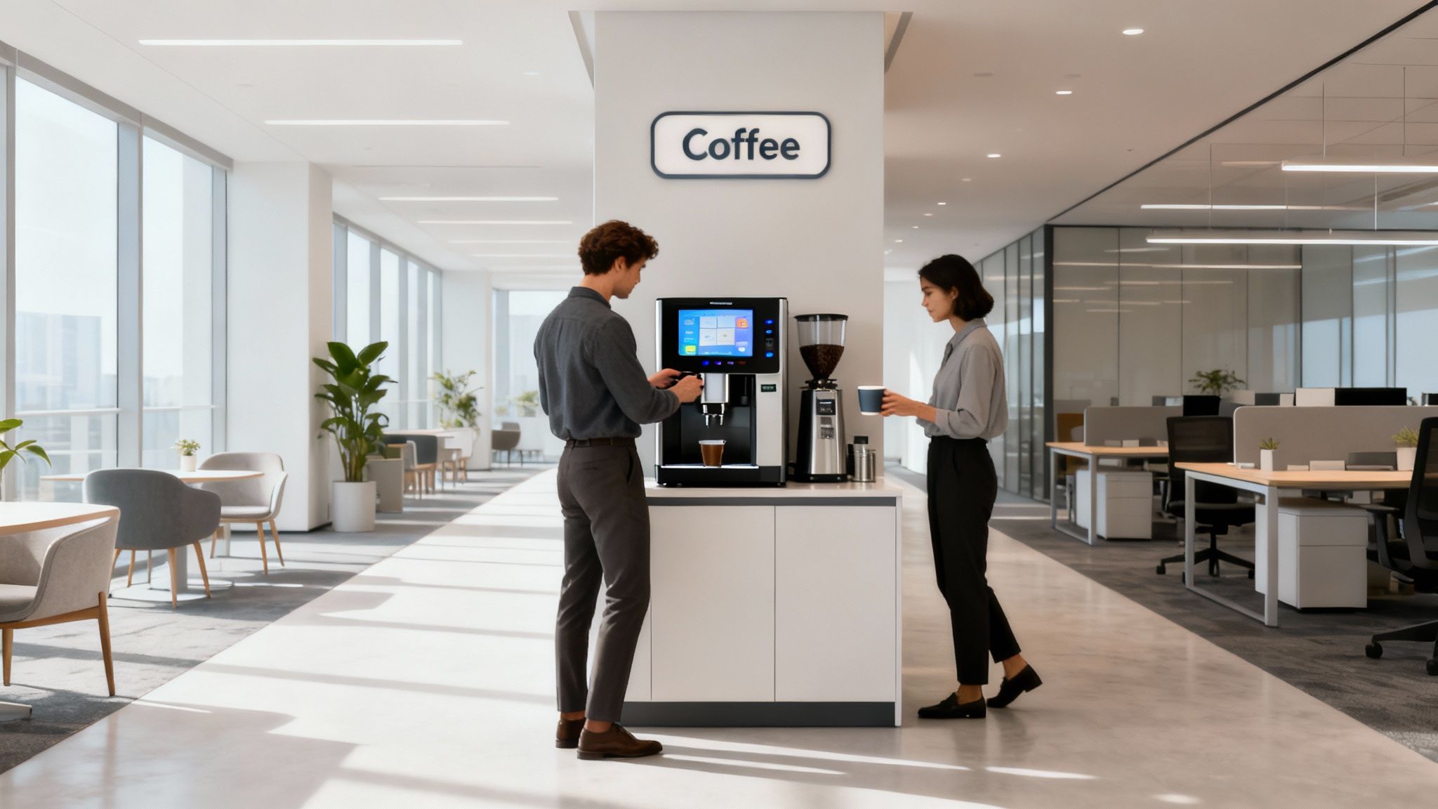 Two professionals making coffee at a modern office coffee station with large windows.