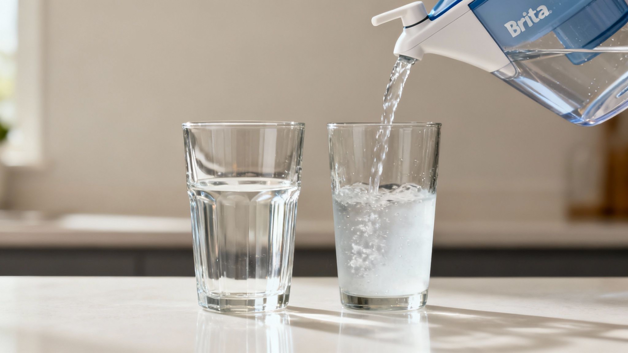 A glass of clear, pure water being poured from a sleek Brita water tap.