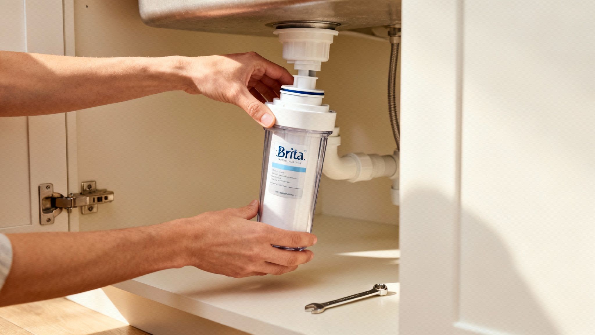 A person changing a Brita water filter cartridge under a kitchen sink.