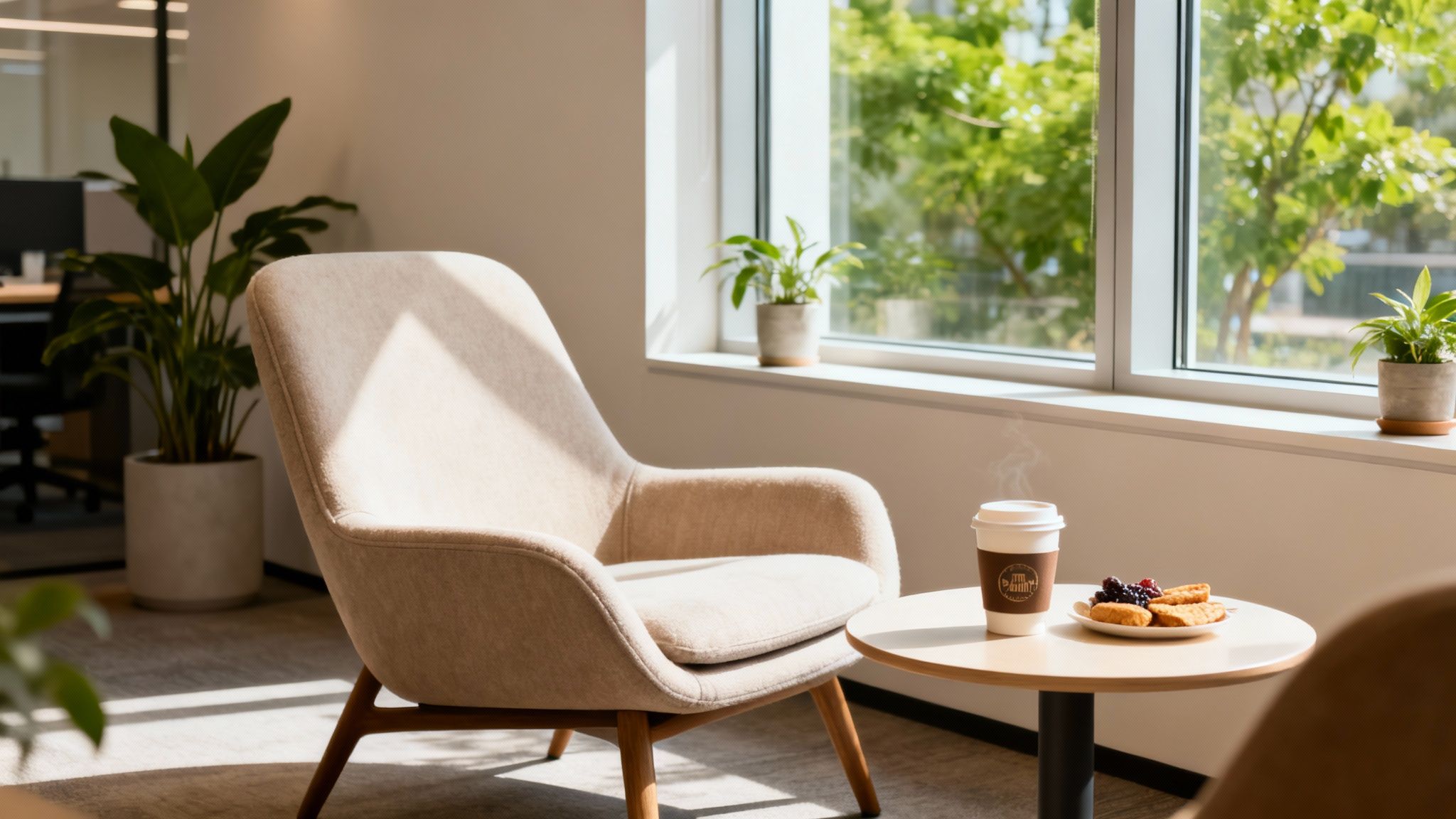 A cozy office lounge with an armchair, coffee, pastries, and a bright window overlooking trees.