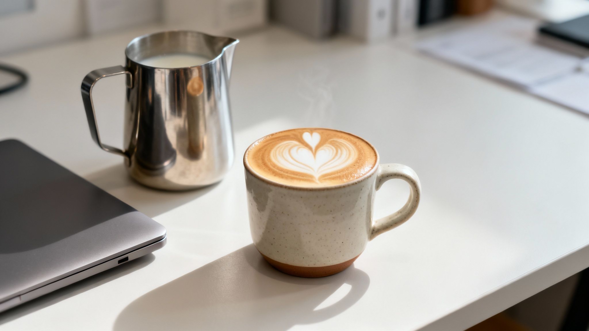Close-up of a steaming latte with heart art, a milk pitcher, and laptop on a sunny white desk.