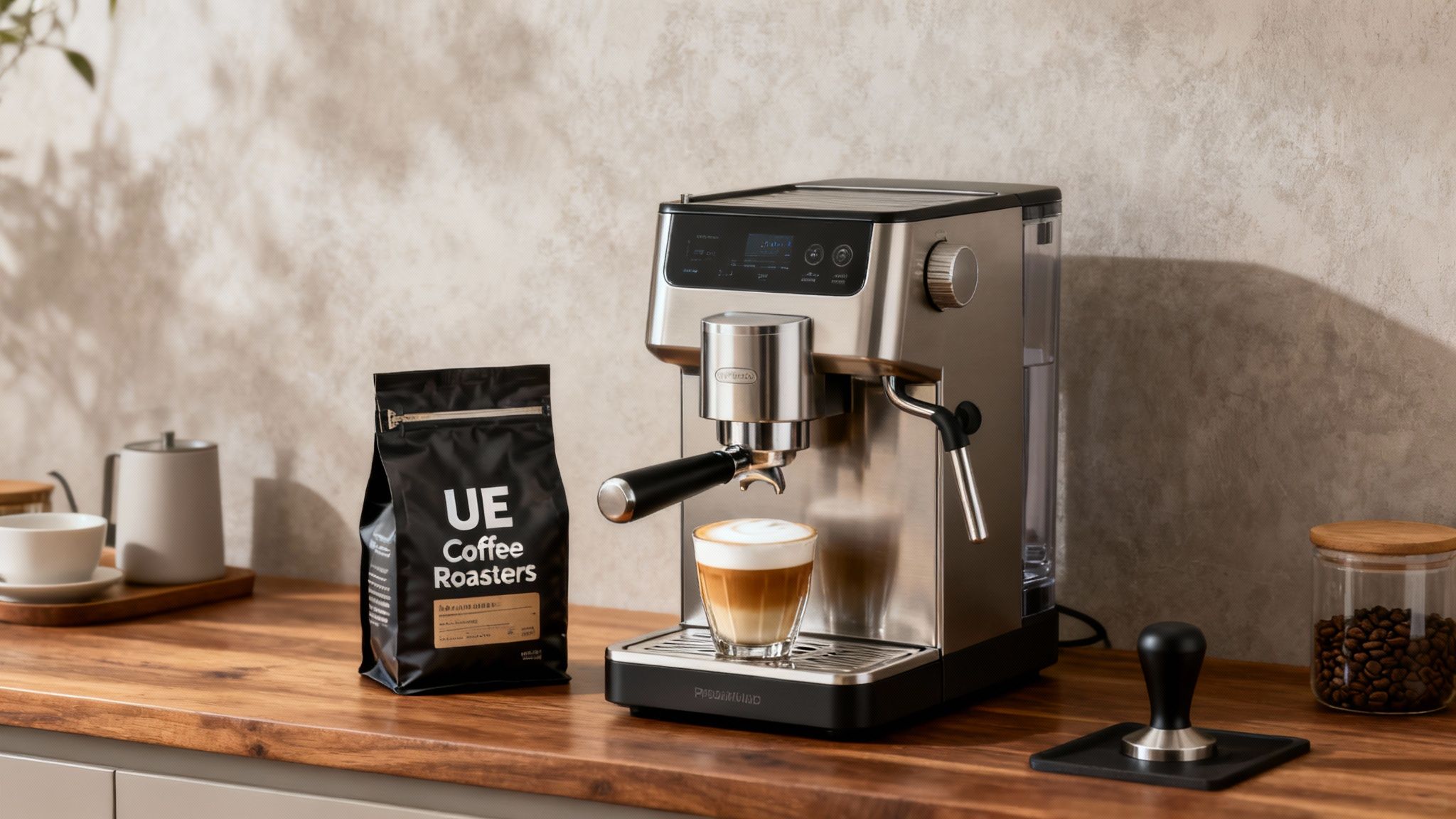 A modern stainless steel espresso machine on a wooden counter, brewing a layered latte.