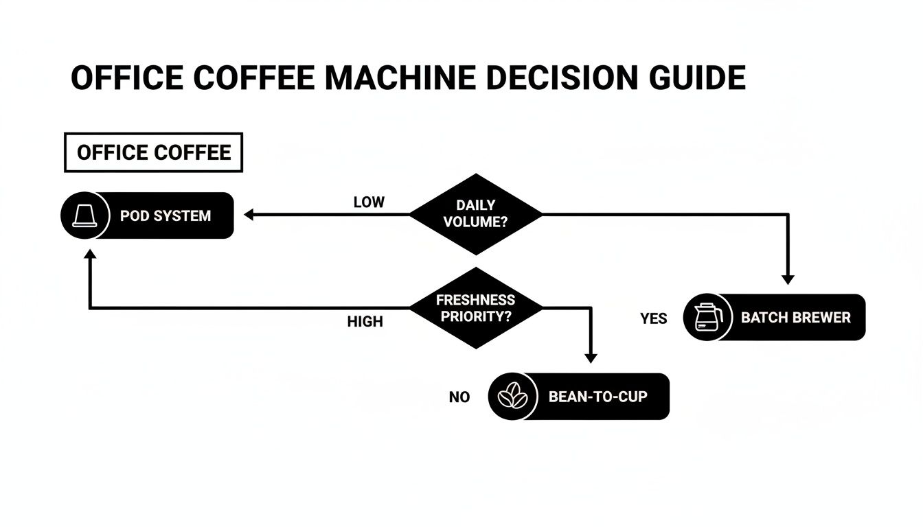 Flowchart guiding selection of office coffee machines based on daily volume and freshness priority.