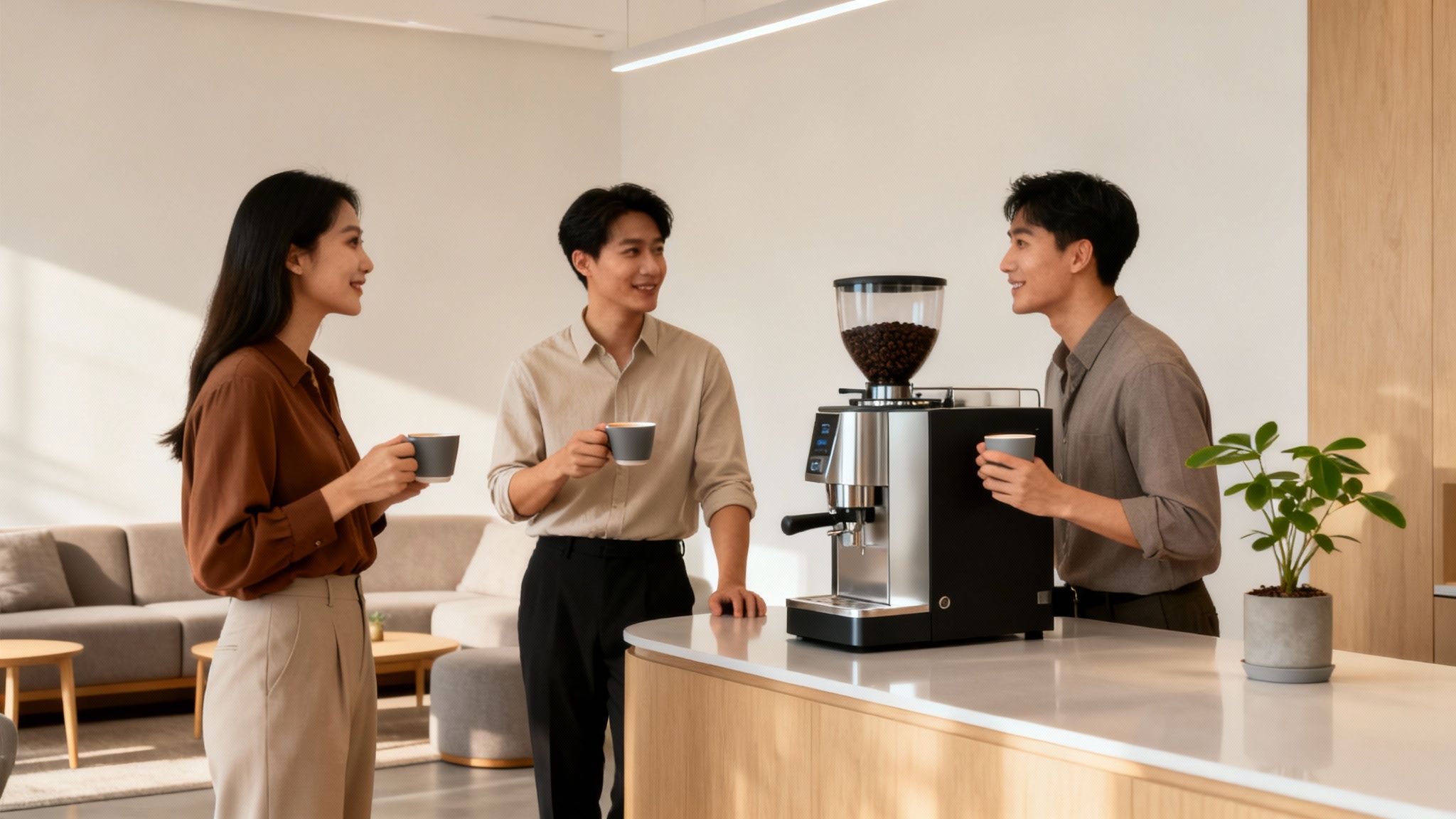 Three smiling colleagues enjoy coffee and conversation next to a modern bean-to-cup coffee machine in an office.