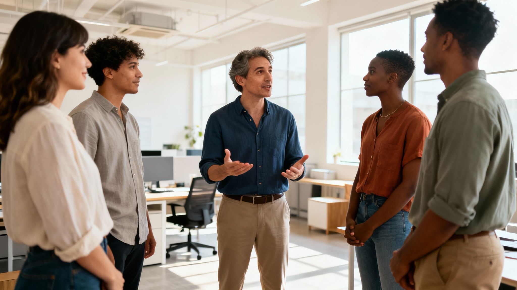 Diverse team of colleagues having a collaborative discussion in a bright, modern office.