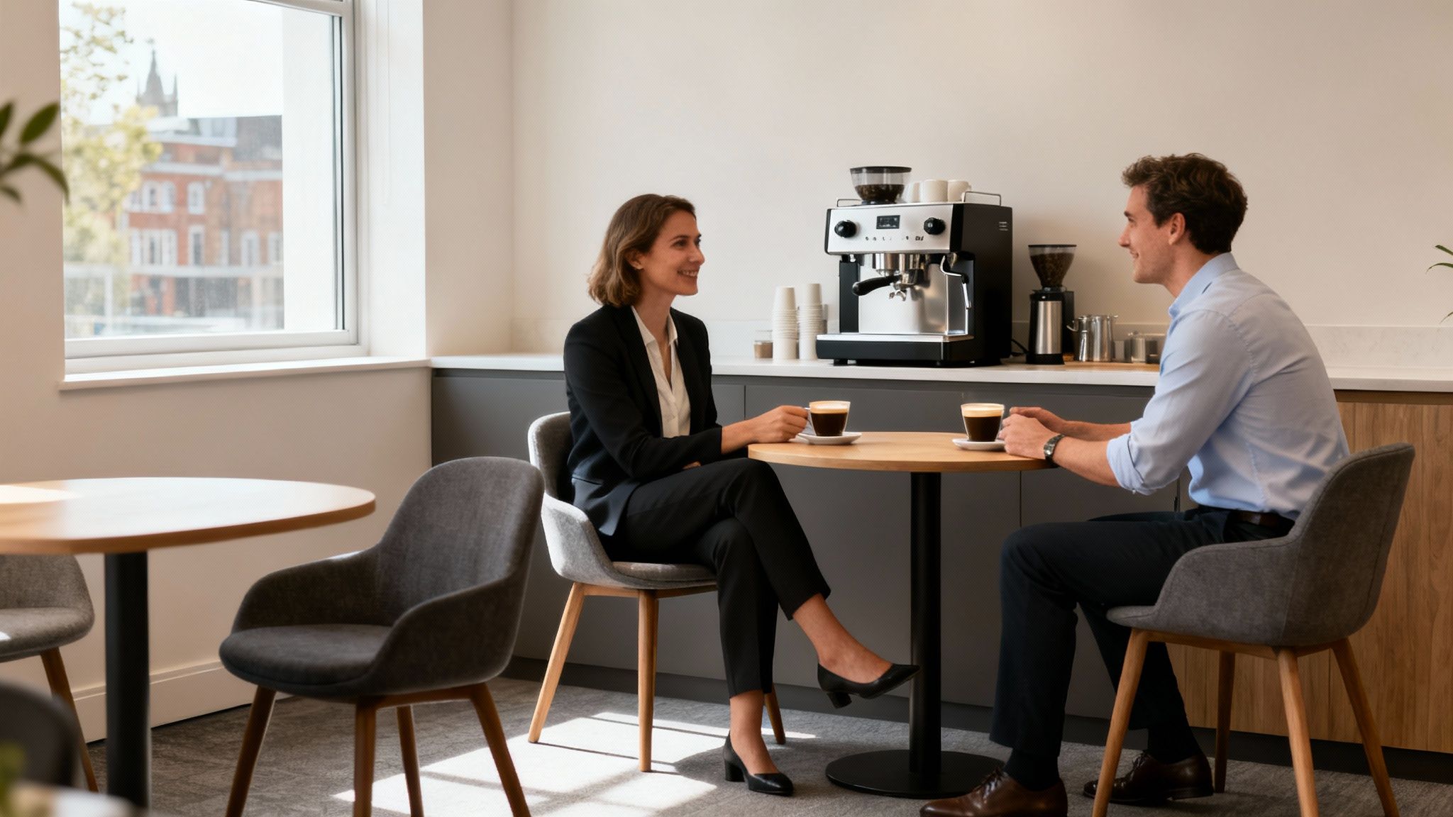 Two smiling professionals enjoy coffee and conversation in a bright, modern office breakroom.