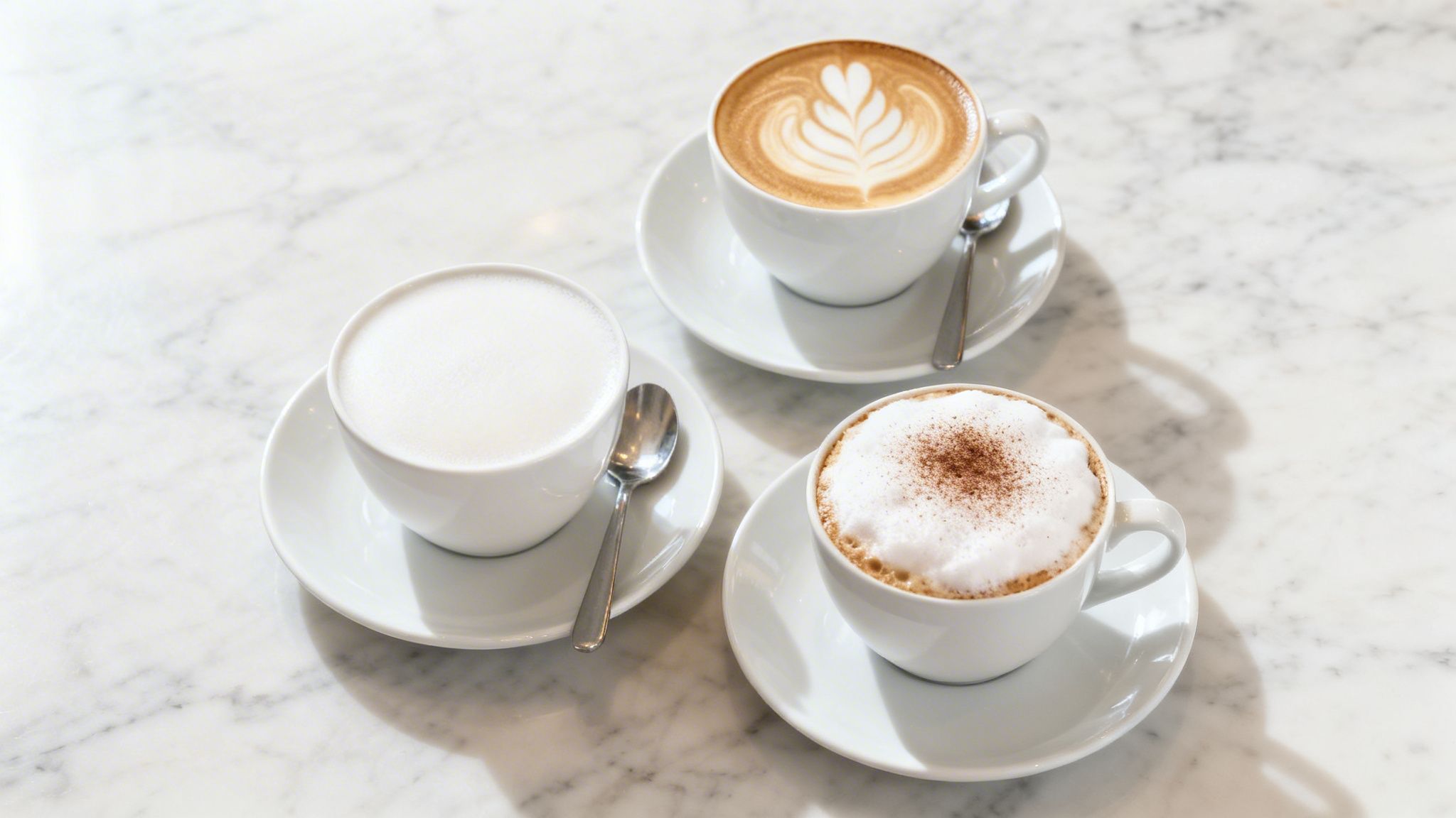 Three white coffee cups with different beverages and latte art on a marble table.