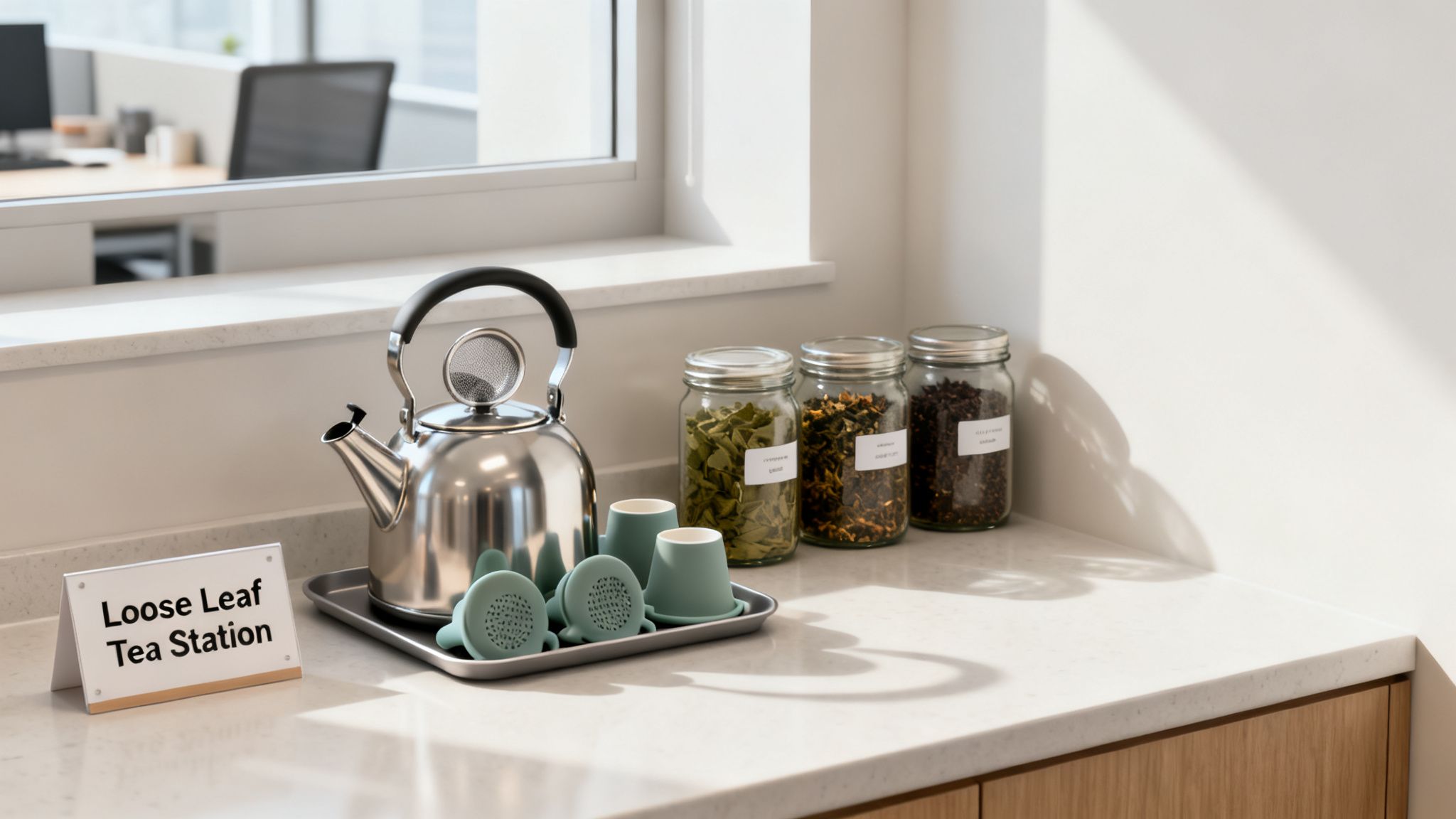A tidy loose leaf tea station featuring a kettle, infusers, and labeled jars of tea.