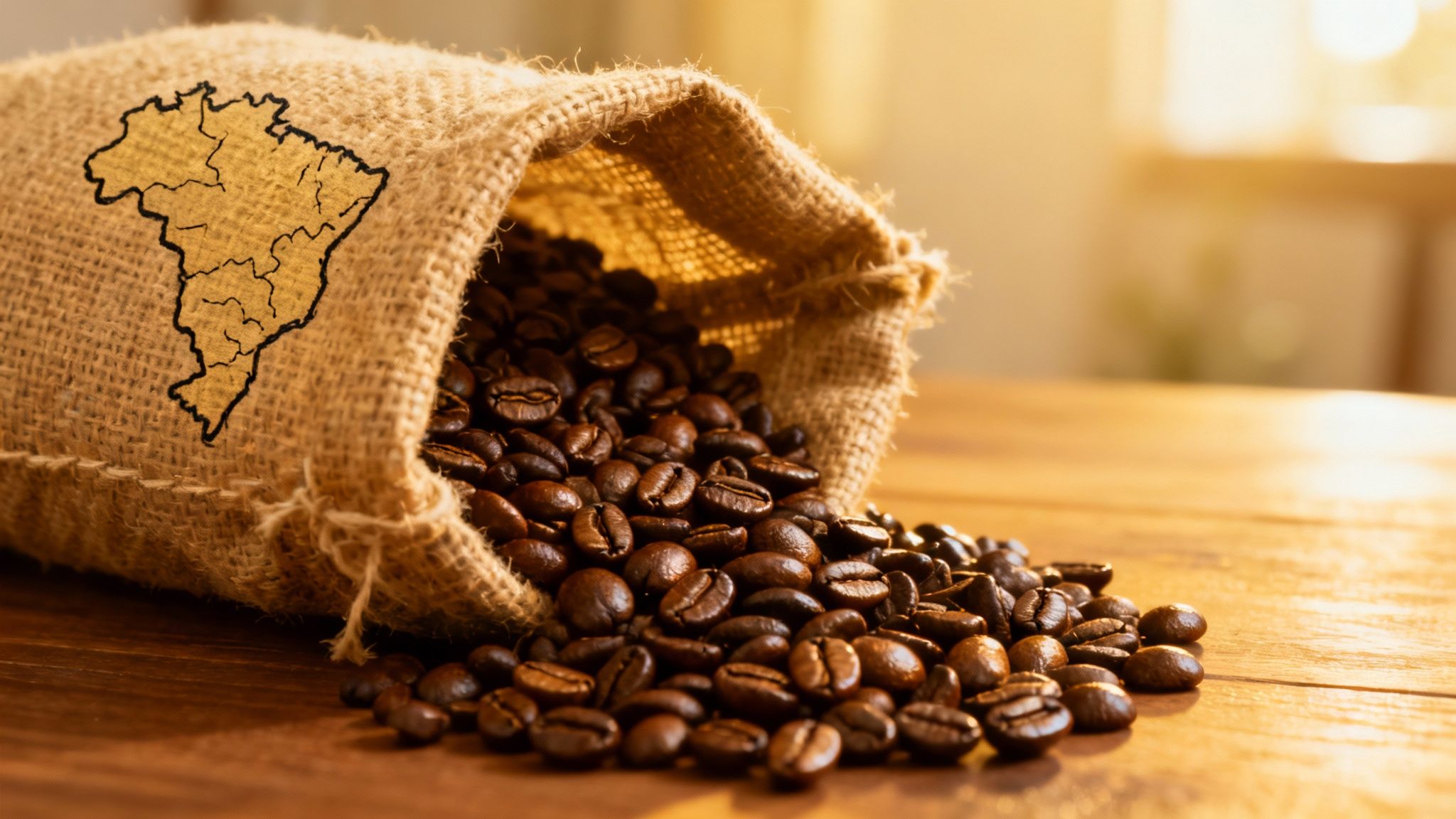 A close-up shot of freshly roasted Brazil coffee beans spilling out of a burlap sack.