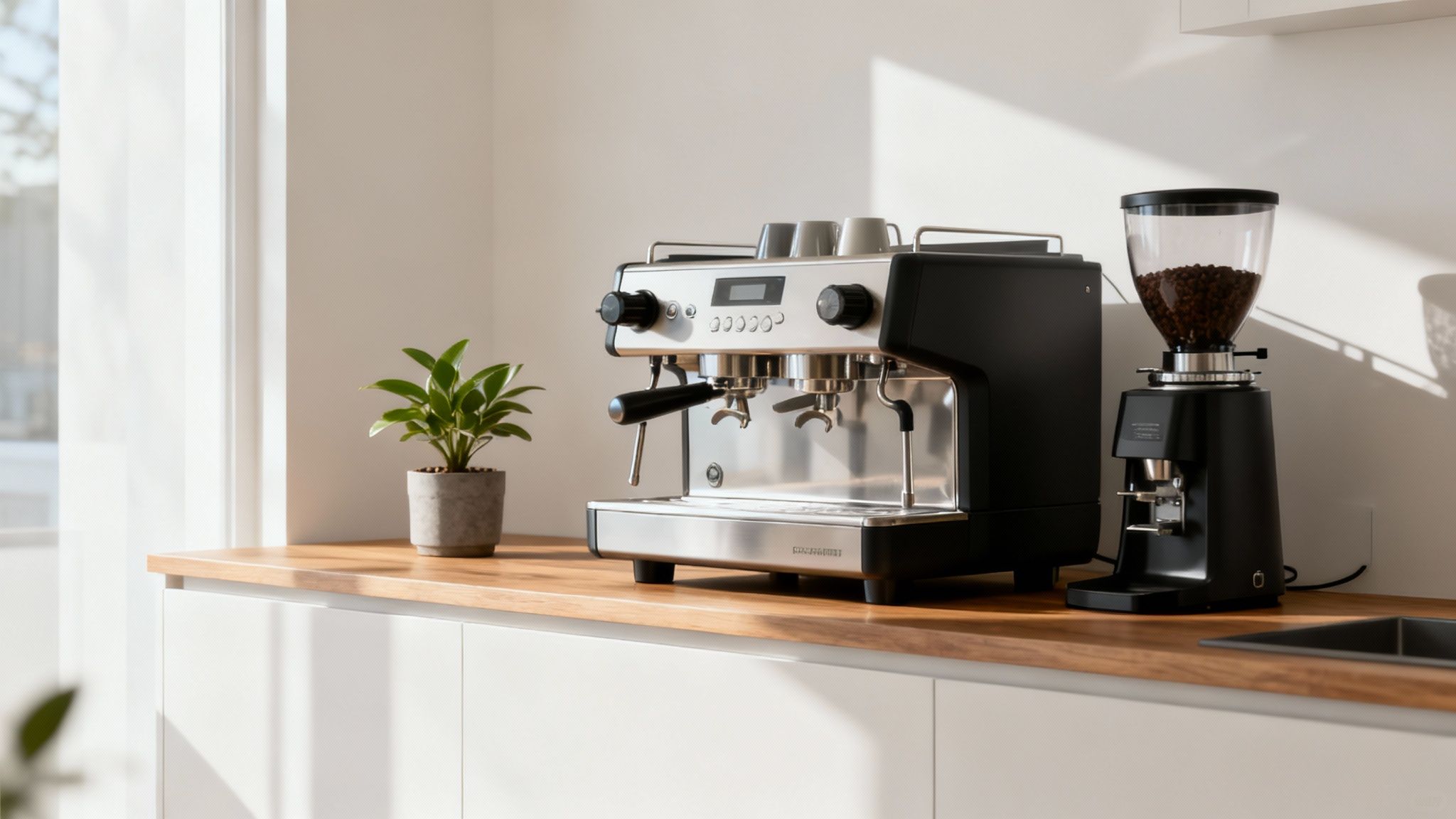 A professional coffee bar setup with an espresso machine, grinder, and barista tools.