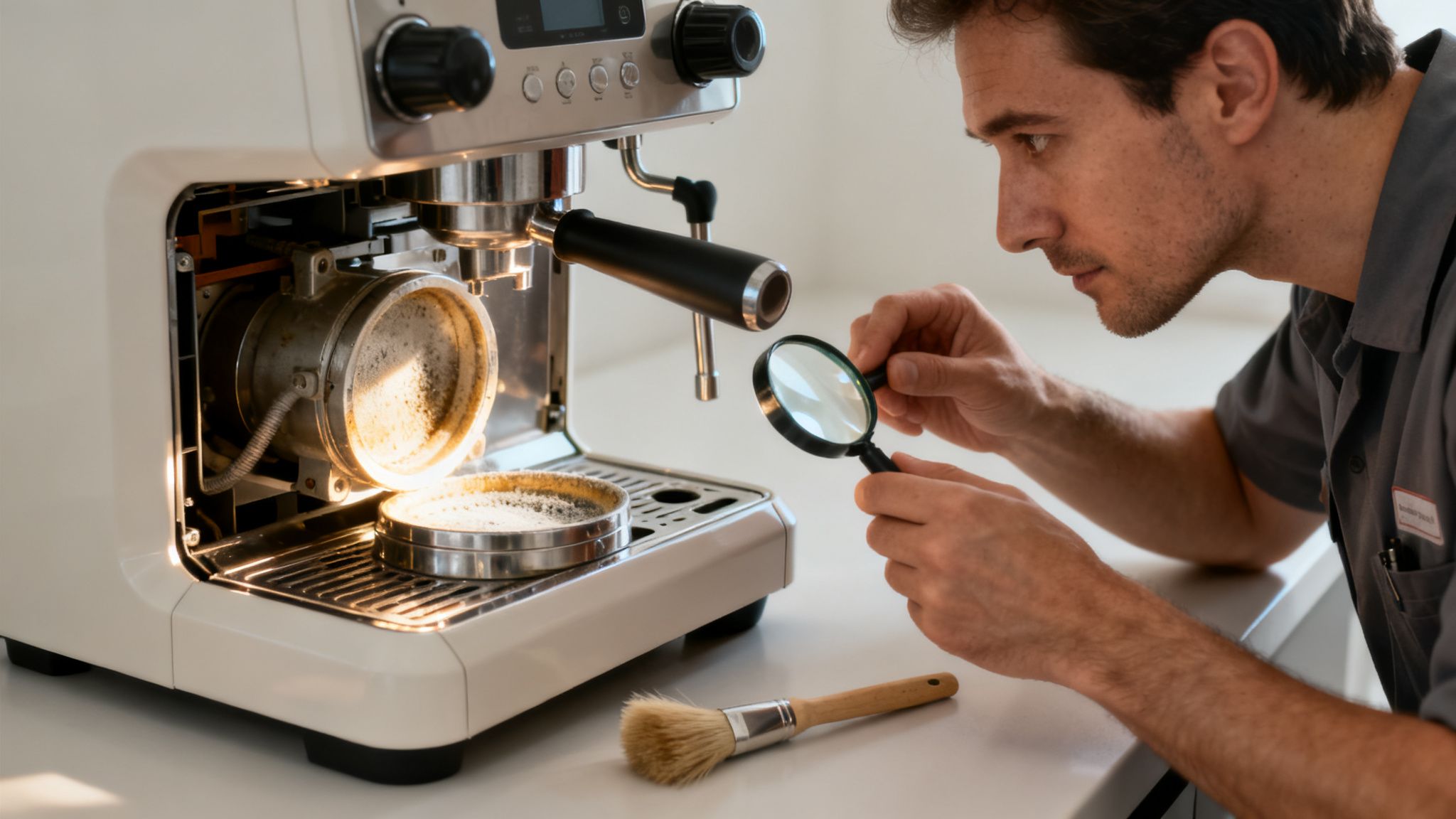 A technician inspects the internal components of an open coffee machine with a magnifying glass.