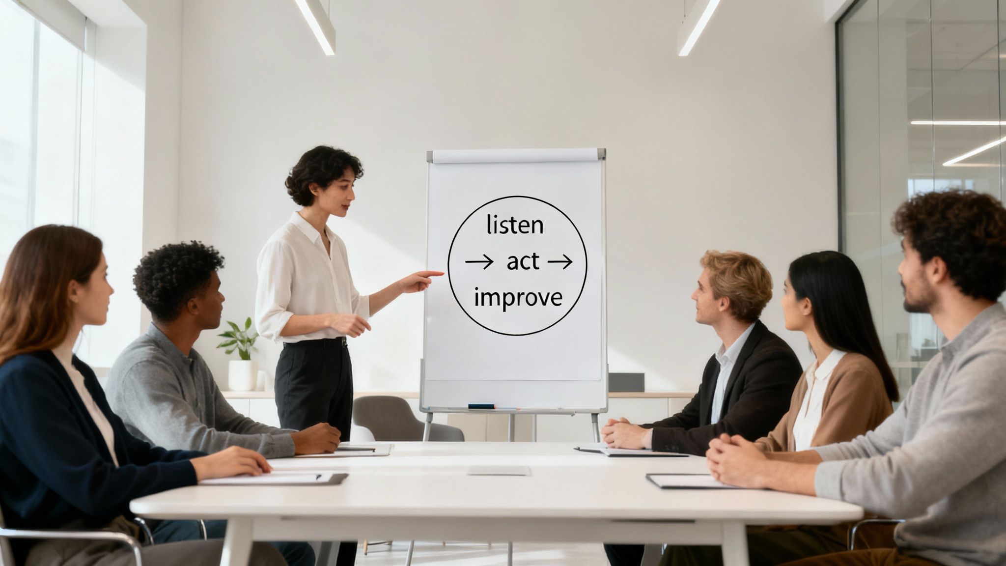 A woman presents a 'listen act improve' diagram to a diverse group in a meeting.