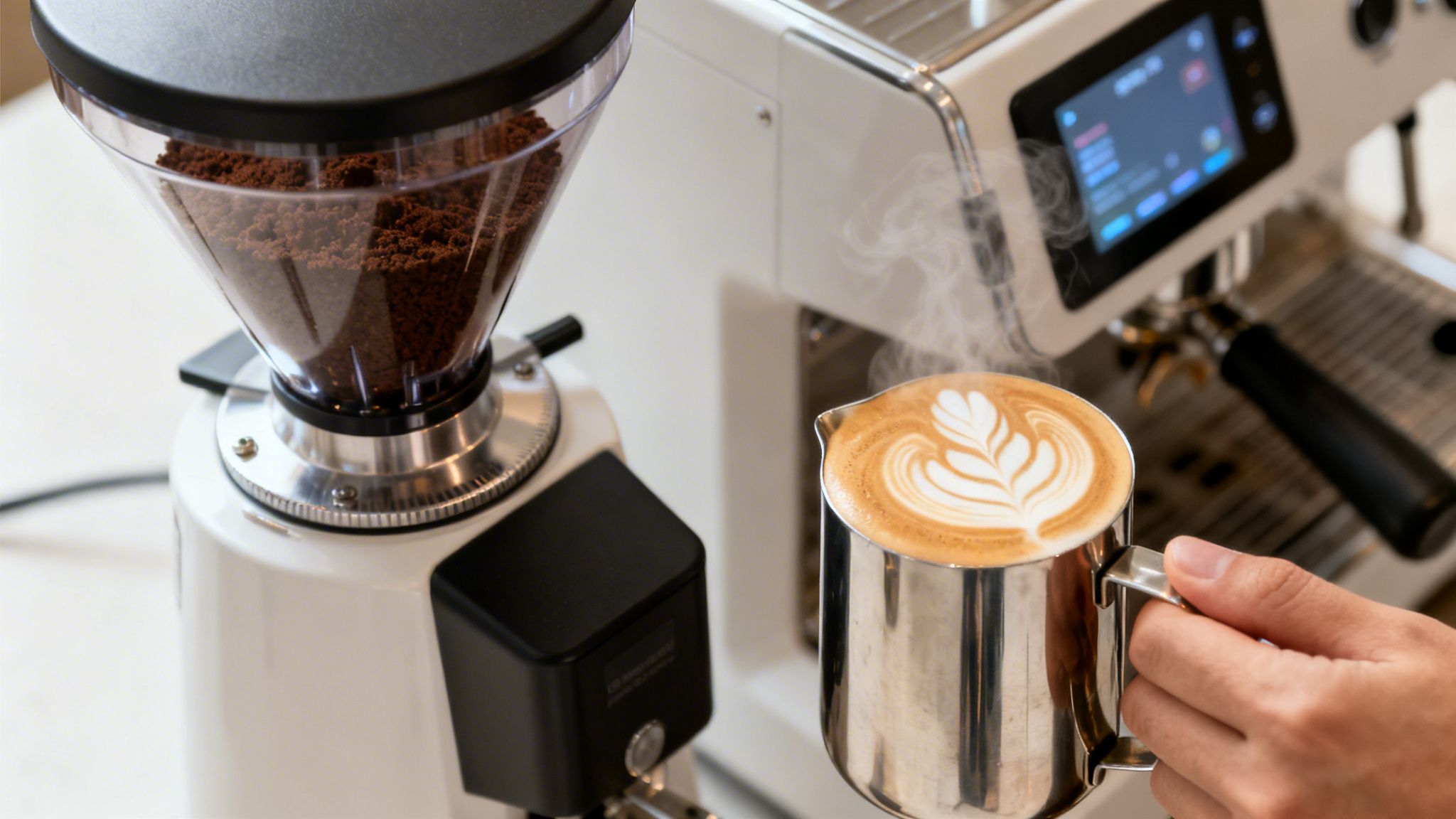 A barista prepares a steaming latte with beautiful latte art next to a commercial coffee grinder.
