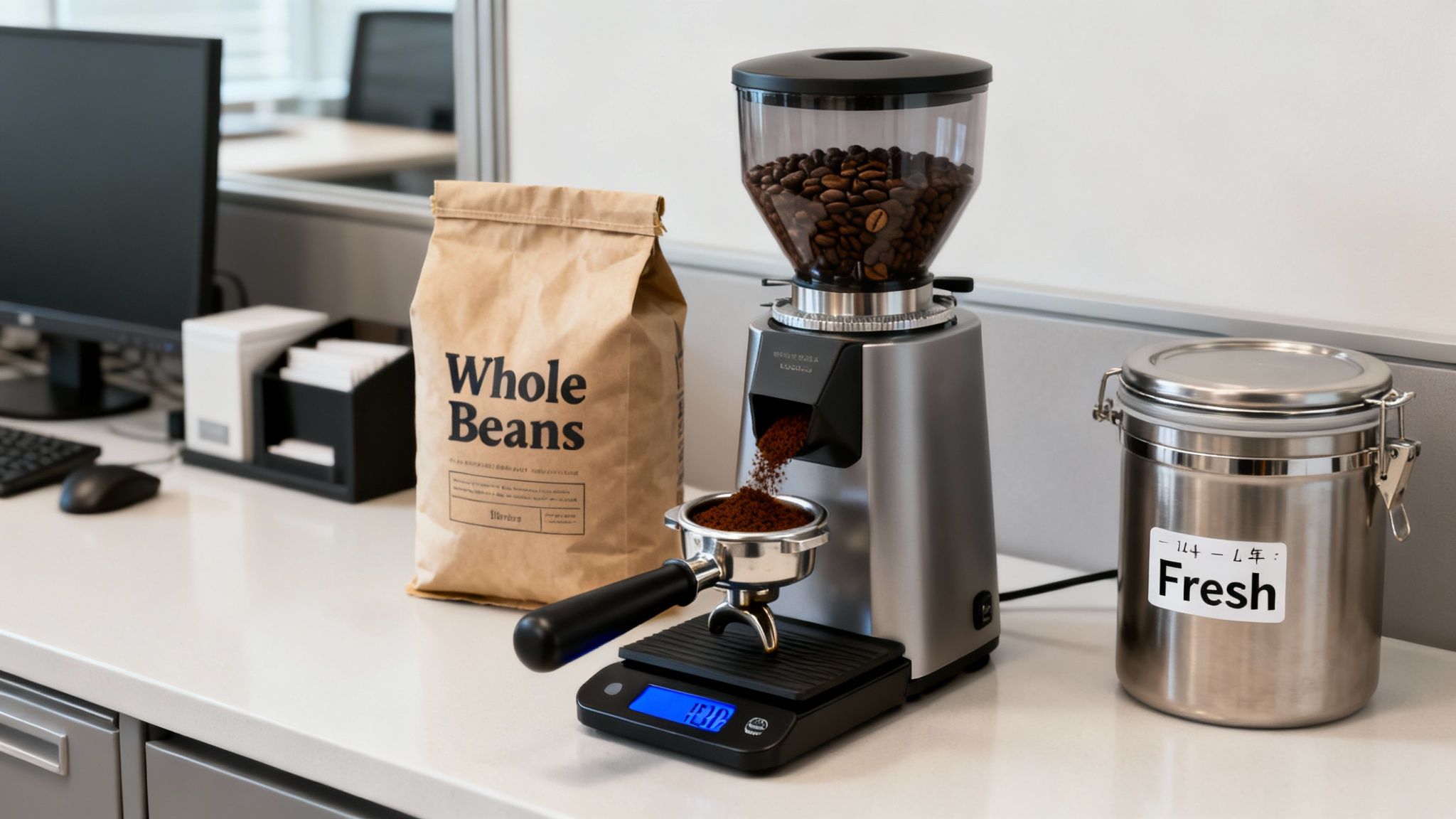A coffee grinder with beans grinds coffee into a portafilter on a digital scale next to whole beans and a "Fresh" container.