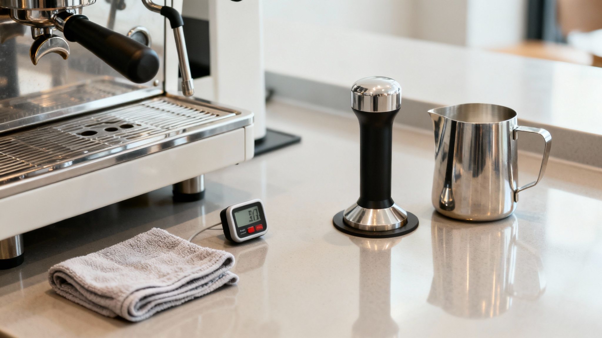 Coffee bar setup with espresso machine, tamper, milk pitcher, timer, and cleaning cloth.