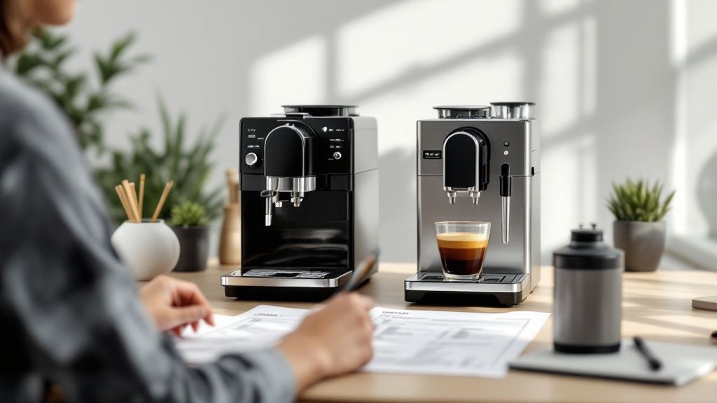 A sleek bean-to-cup coffee machine in a modern office kitchen, with a selection of ceramic cups nearby.
