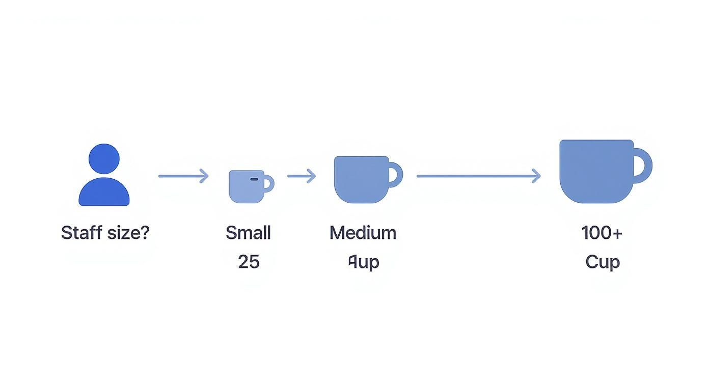 Infographic illustrating coffee cup sizes recommended for different office staff sizes, from small to 100+ employees.
