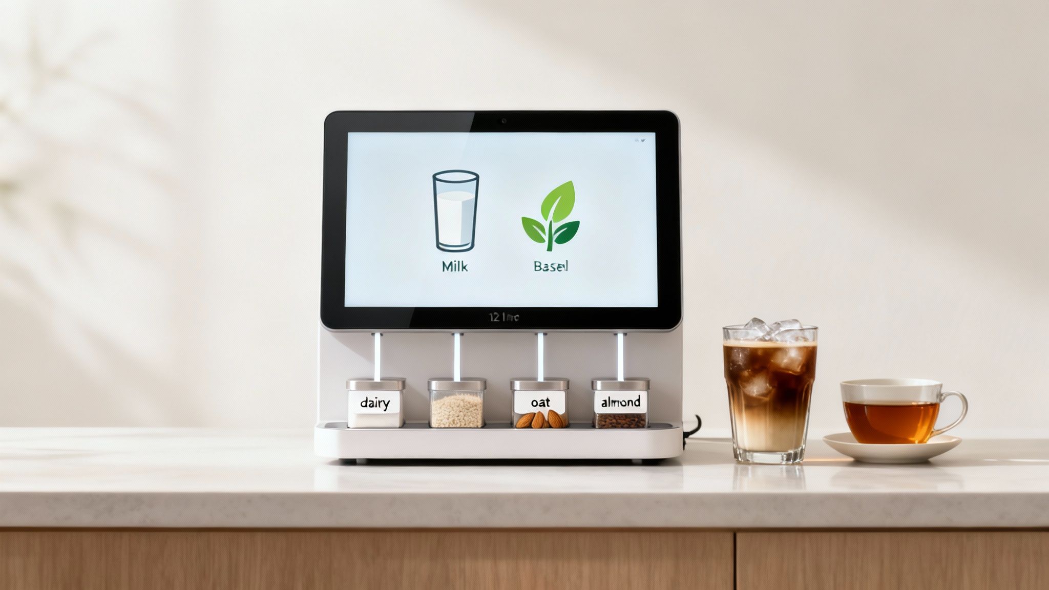 A close-up of the Franke SB1200's touchscreen, displaying a vibrant menu of coffee options.