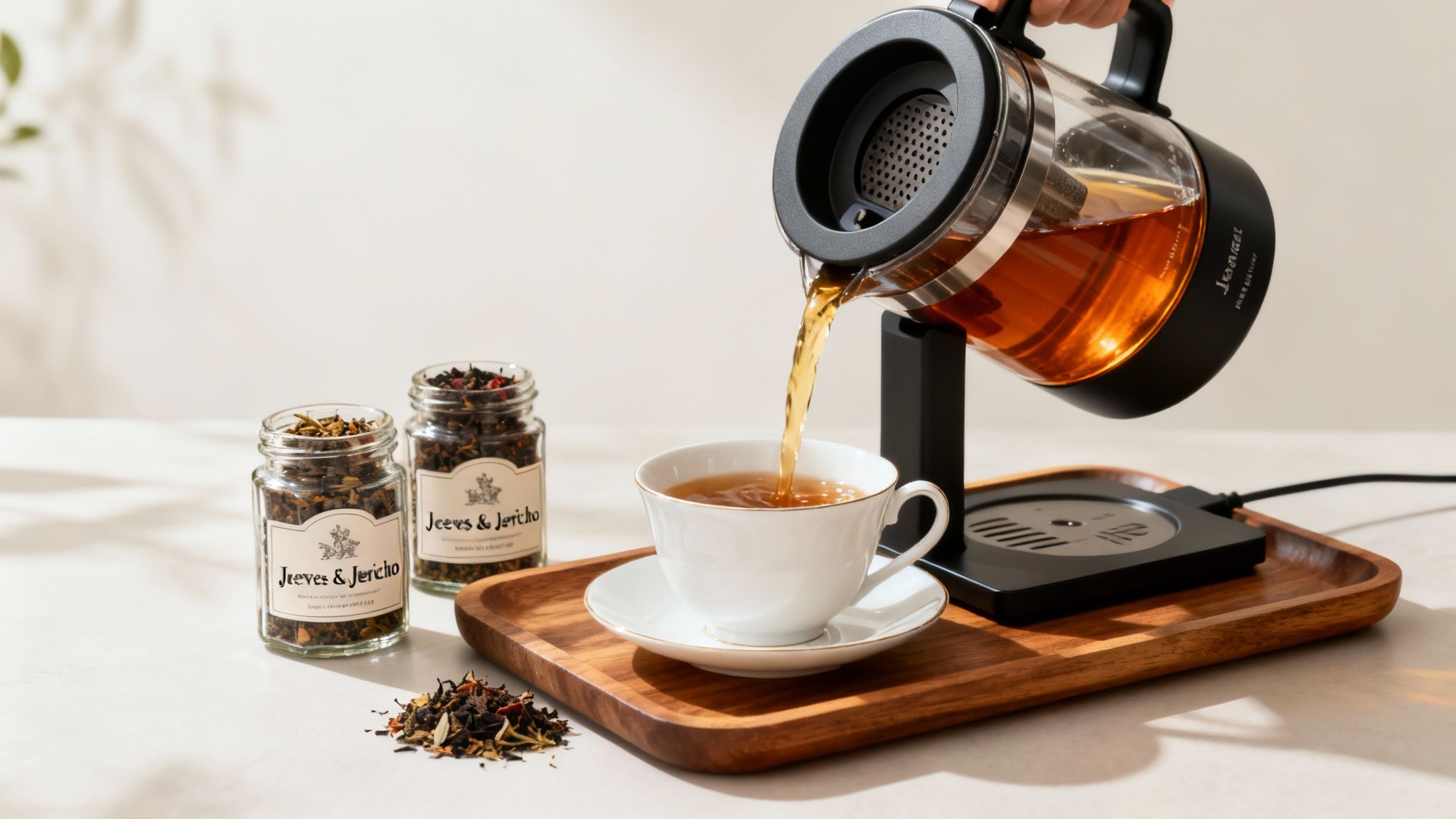 Person pouring amber tea from a stylish tea maker into a white cup, alongside loose tea jars.