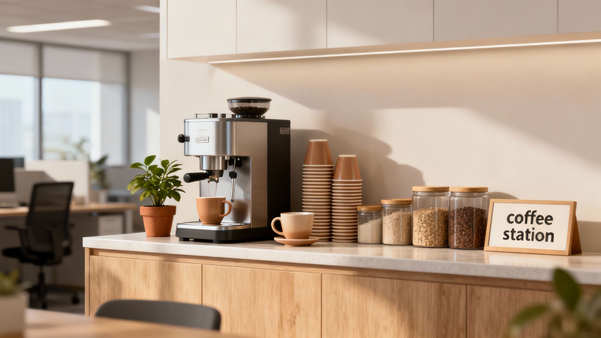 An organised and welcoming office coffee station with a modern machine and neatly arranged supplies.