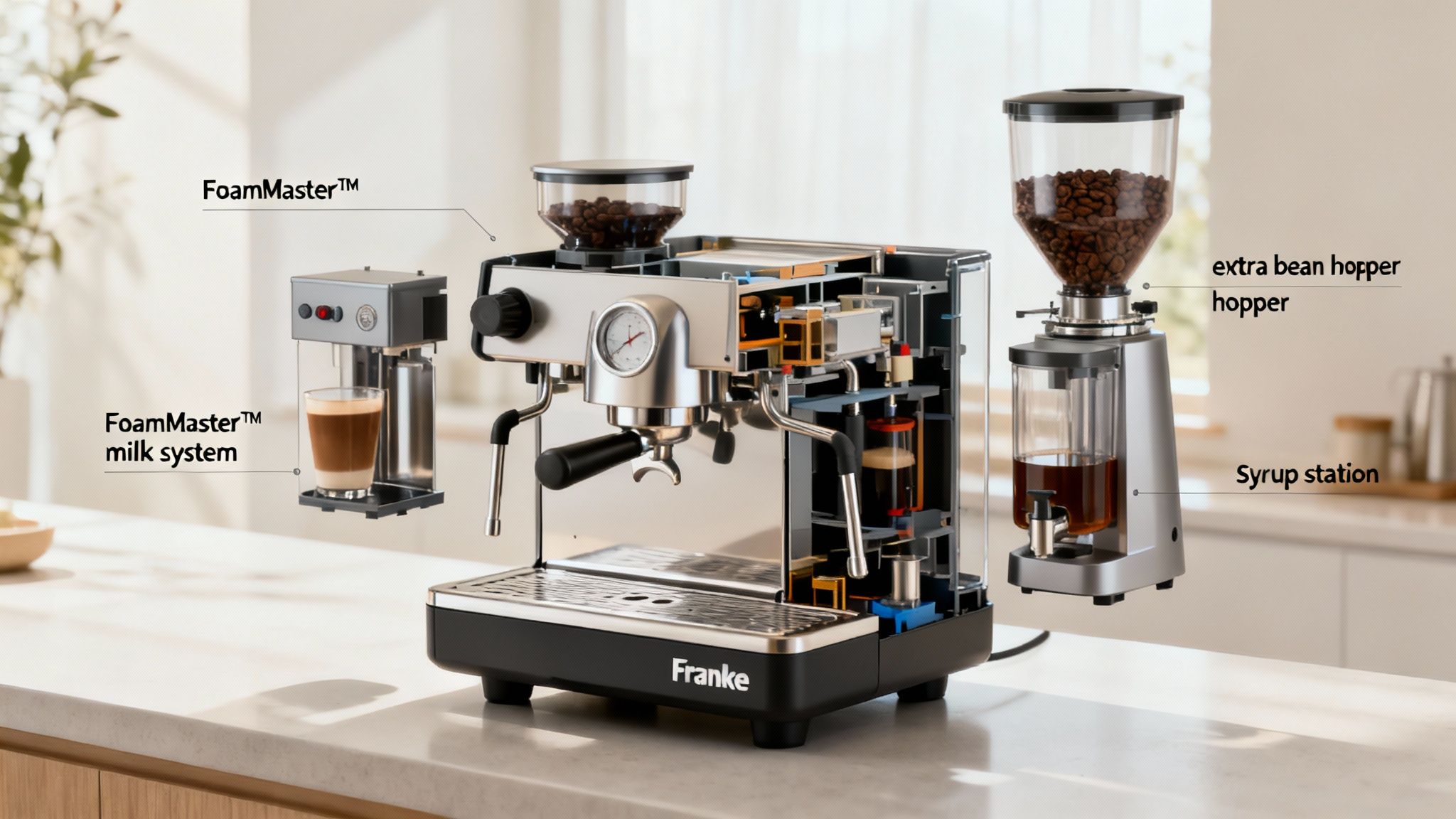 A hand adjusting settings on a Franke coffee machine's digital display