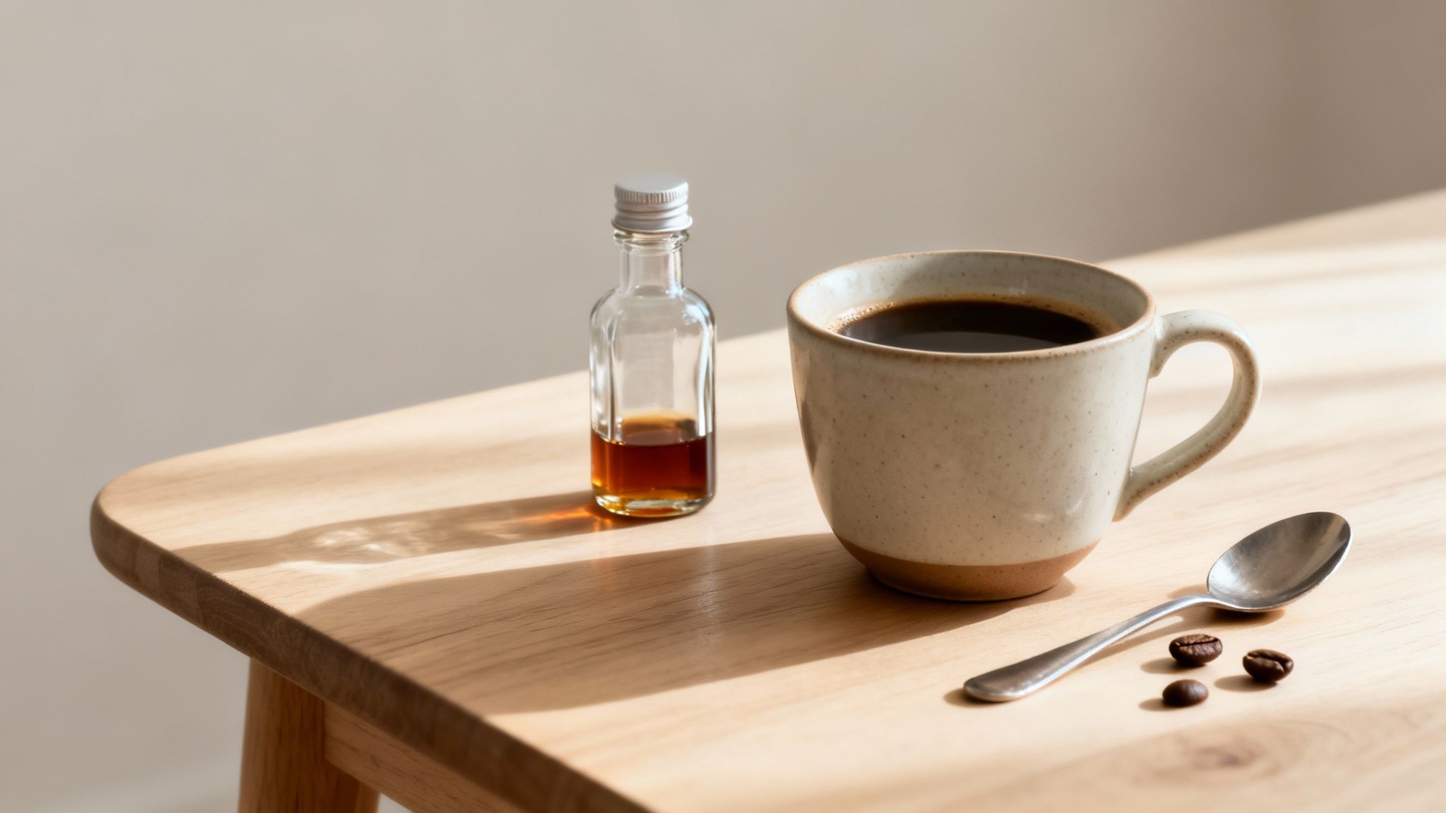 Warm coffee in a ceramic mug, syrup bottle, spoon, and coffee beans on a wooden table.