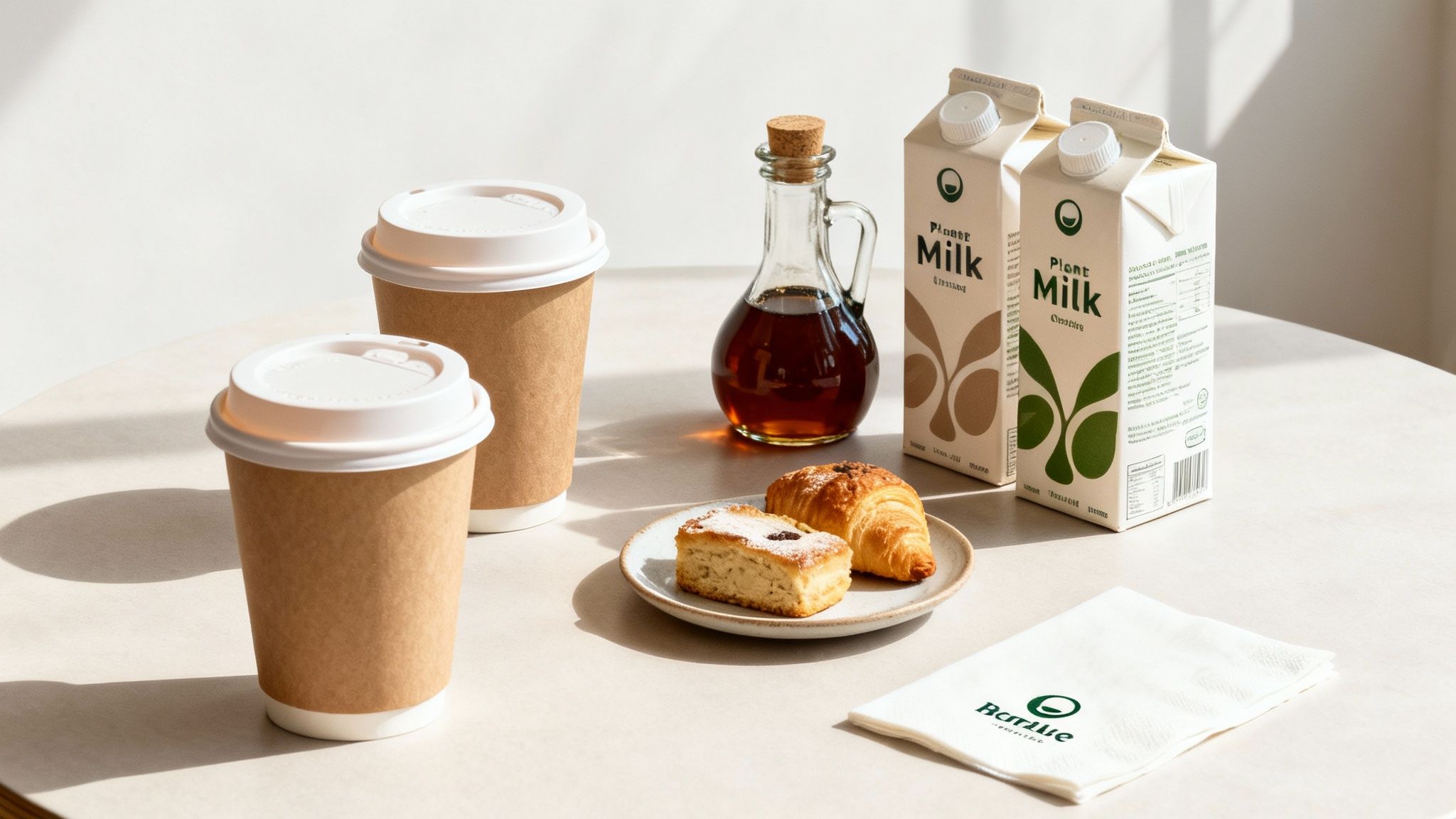 Two coffee cups, plant milk cartons, a syrup carafe, and pastries on a light table.