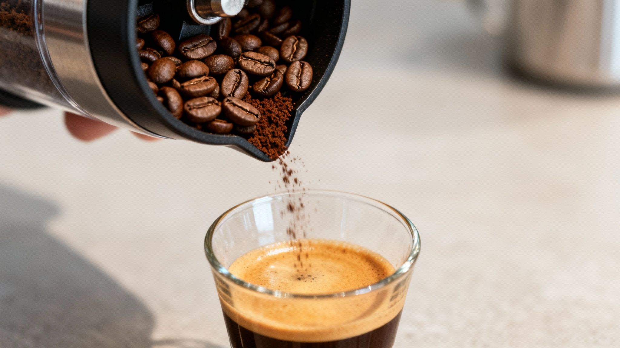 Close-up of coffee beans and ground coffee being poured from a grinder into an espresso shot glass.