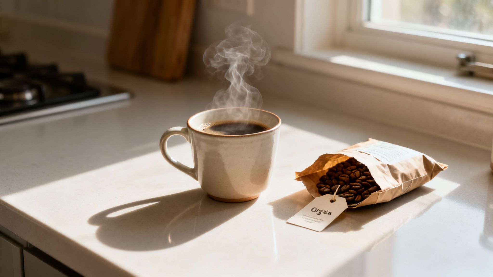 Steaming cup of fresh coffee with specialty coffee beans in paper bag on kitchen counter