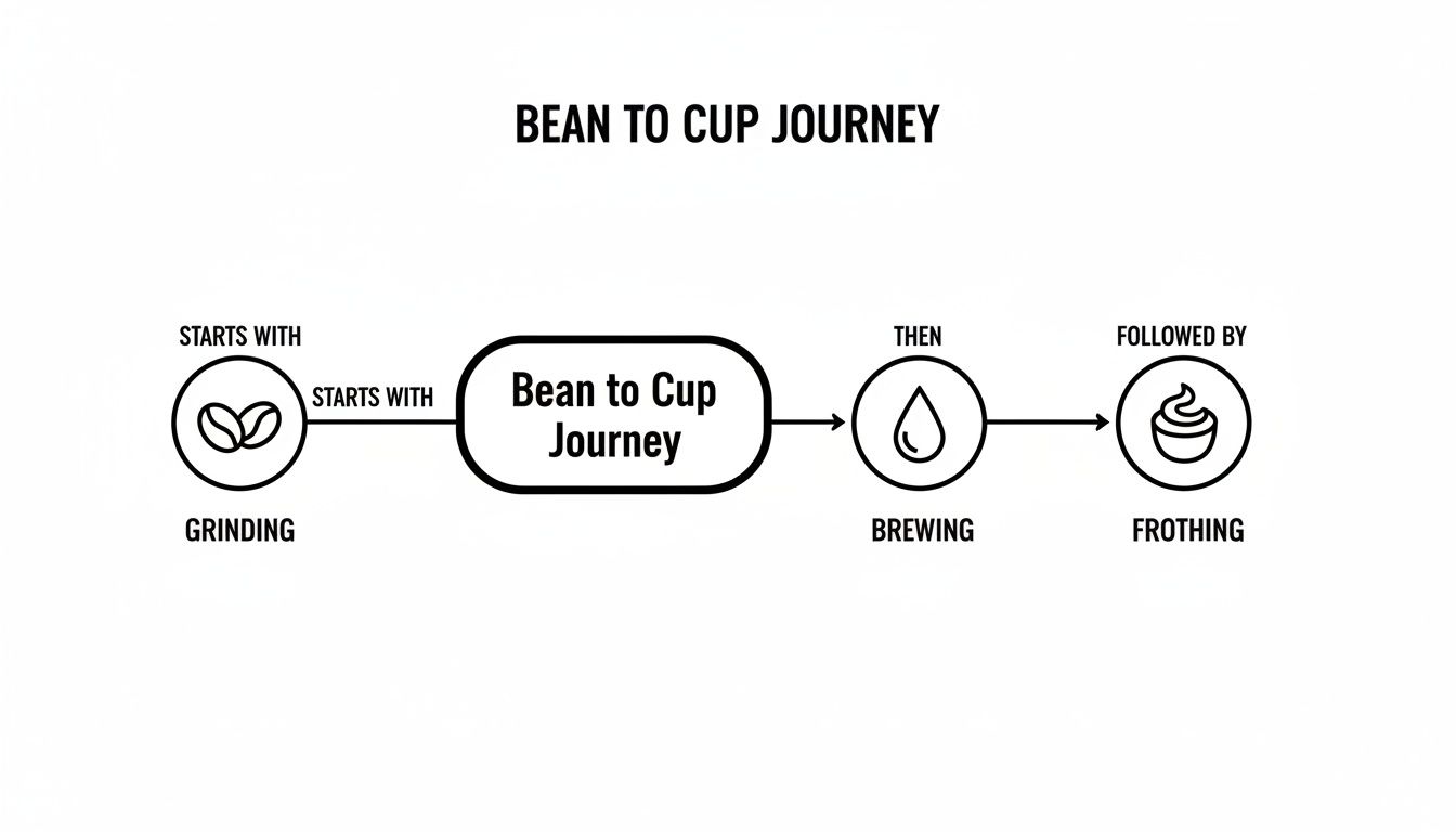 A simple black and white flowchart illustrating the bean to cup coffee journey, showing grinding, brewing, and frothing.