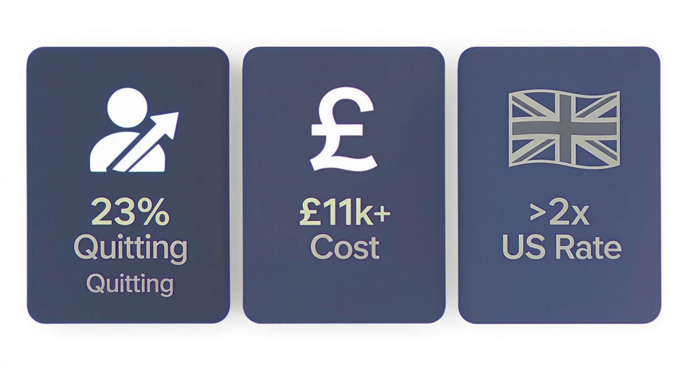 Infographic showing UK staff turnover statistics: 23% quitting, £11k+ cost, and over 2x US rate.