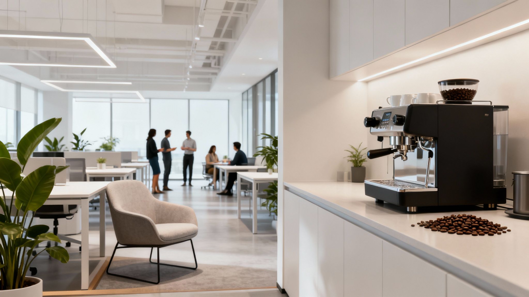 Contemporary office space featuring employees, desks, plants, and a coffee machine with beans.
