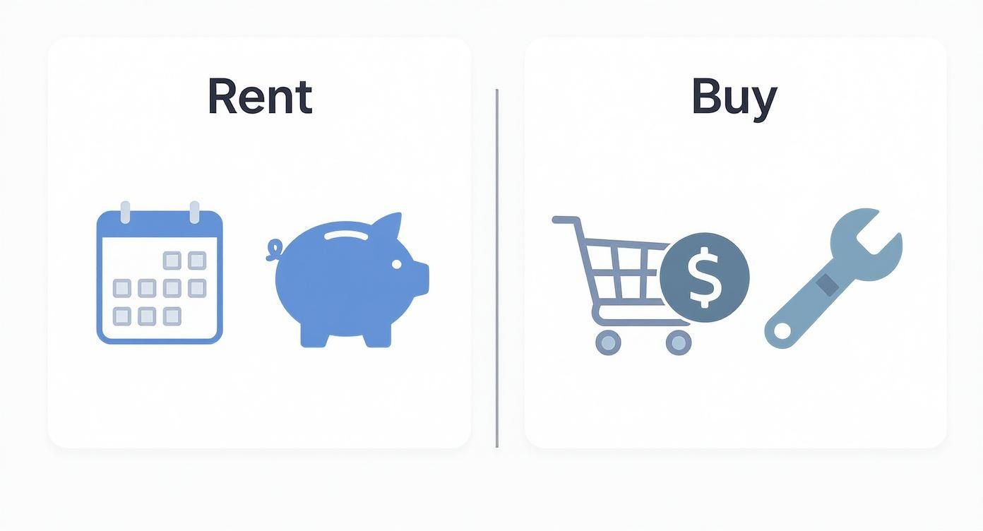 Illustration comparing renting (calendar, piggy bank) versus buying (shopping cart, dollar, wrench) options.