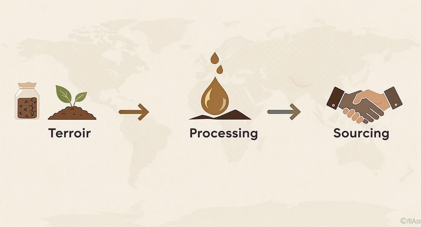 An infographic illustrating the journey of a specialty coffee bean from terroir, through processing, to sourcing.