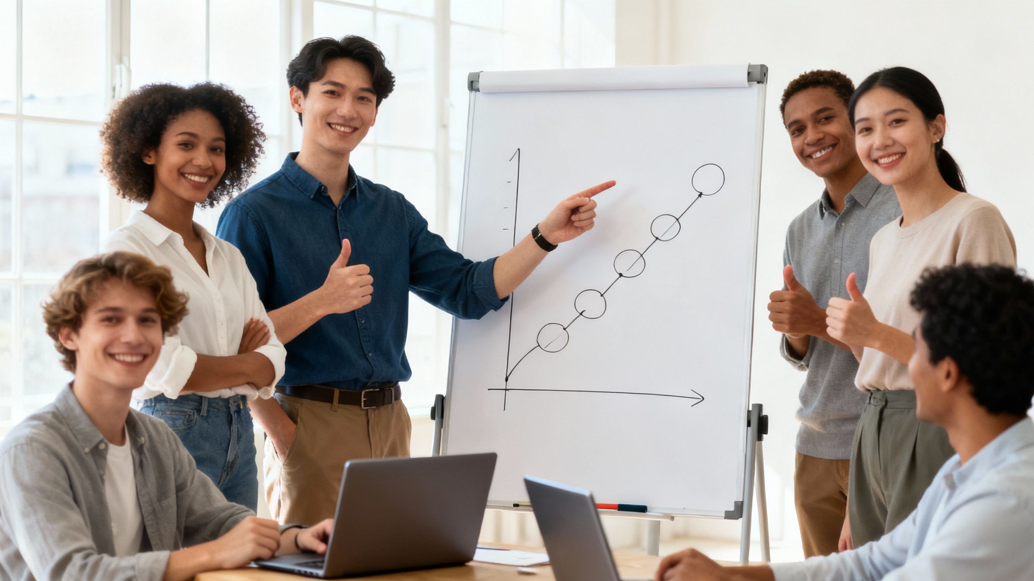 Diverse team of young professionals celebrating business growth success with thumbs up during presentation