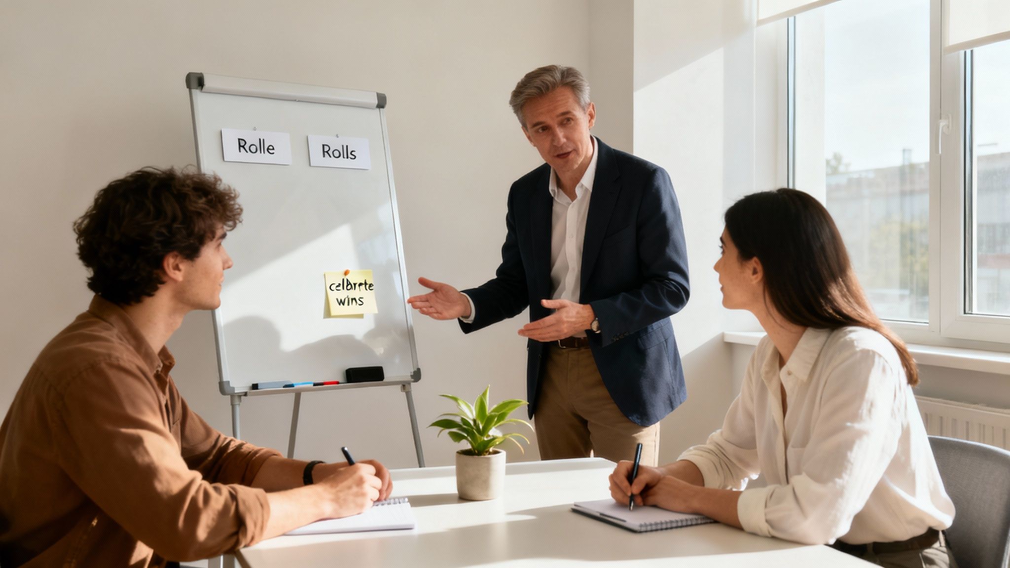 A male presenter guides two employees taking notes during an office meeting with a whiteboard.