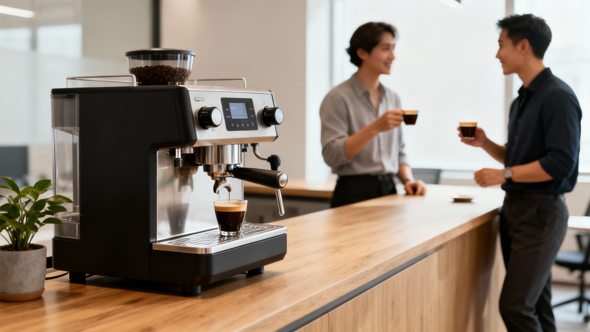 Espresso machine on a counter, brewing coffee, with two men chatting and holding cups in a modern office.